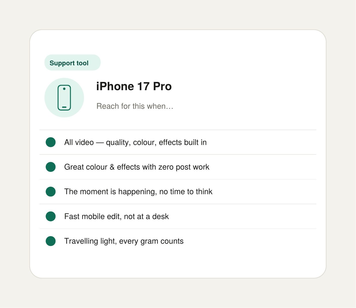 iPhone 17 Pro support tool card listing video quality, colour effects, and mobile editing use cases on a white background.