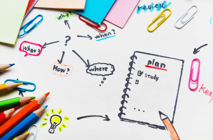 Colorful sticky notes, paper clips, and markers scattered on a white surface with handwritten notes and planning ideas.