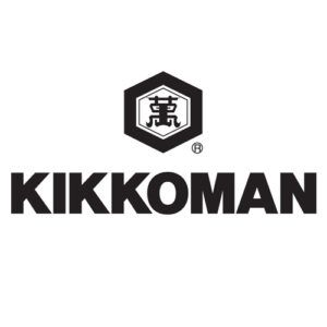 Black and white Kikkoman soy sauce company logo with Japanese characters and stylized house design.