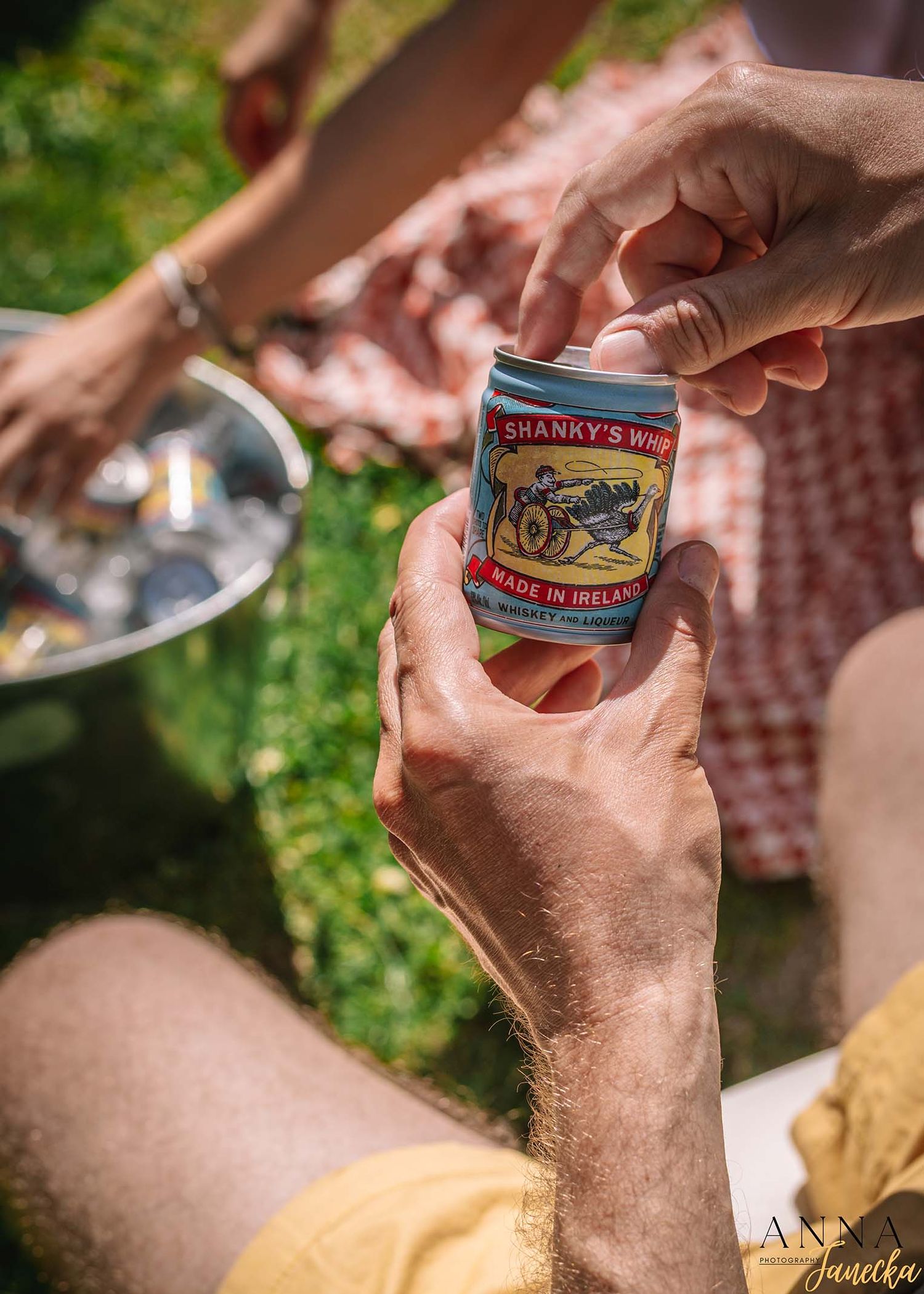 Small canned sardines being opened at an outdoor picnic setting.