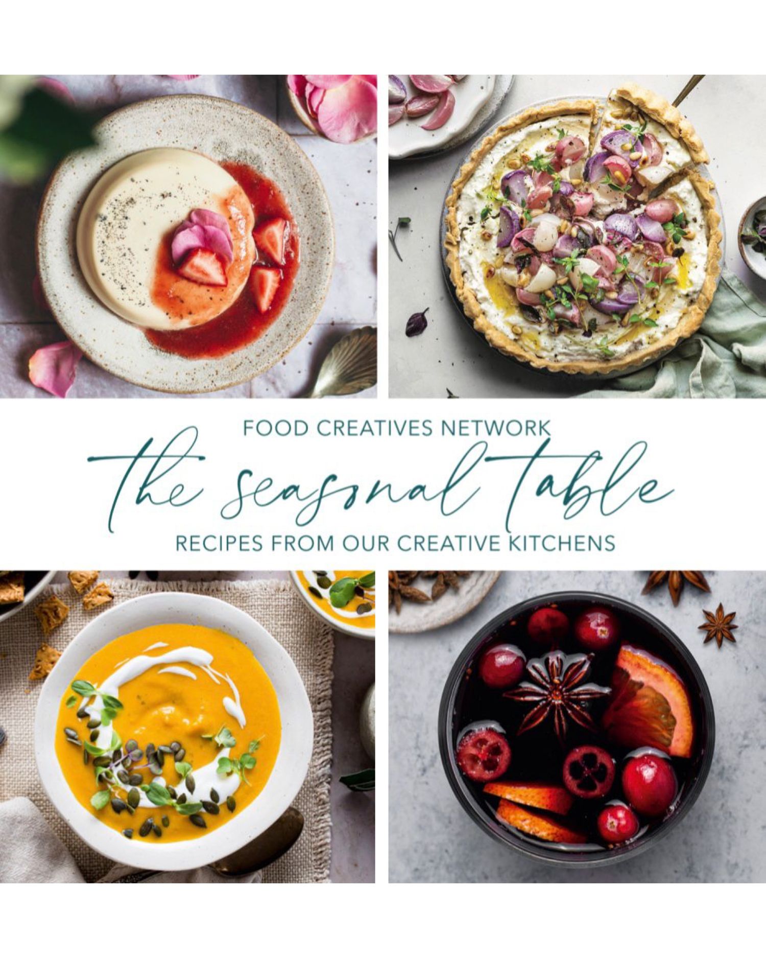 Collection of seasonal food photography featuring soups, tarts, and garnished dishes.