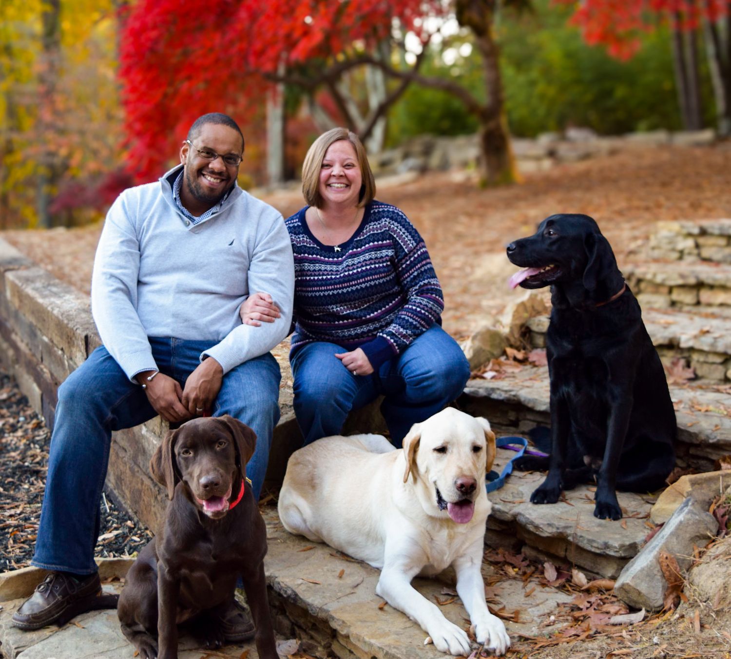 Family portrait with three dogs sitting on rocks during autumn with colorful foliage.