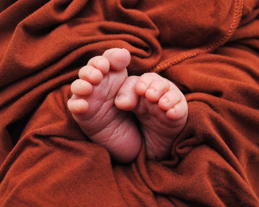 Tiny newborn baby feet resting on red blanket.
