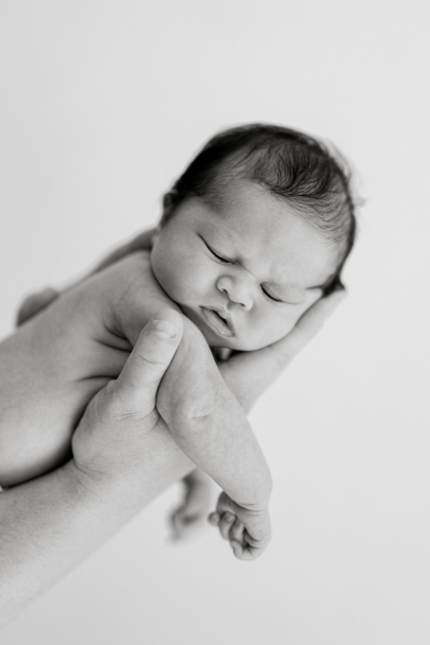 Black and white photo of a sleeping newborn baby cradled gently in an adult's hand against a white background.