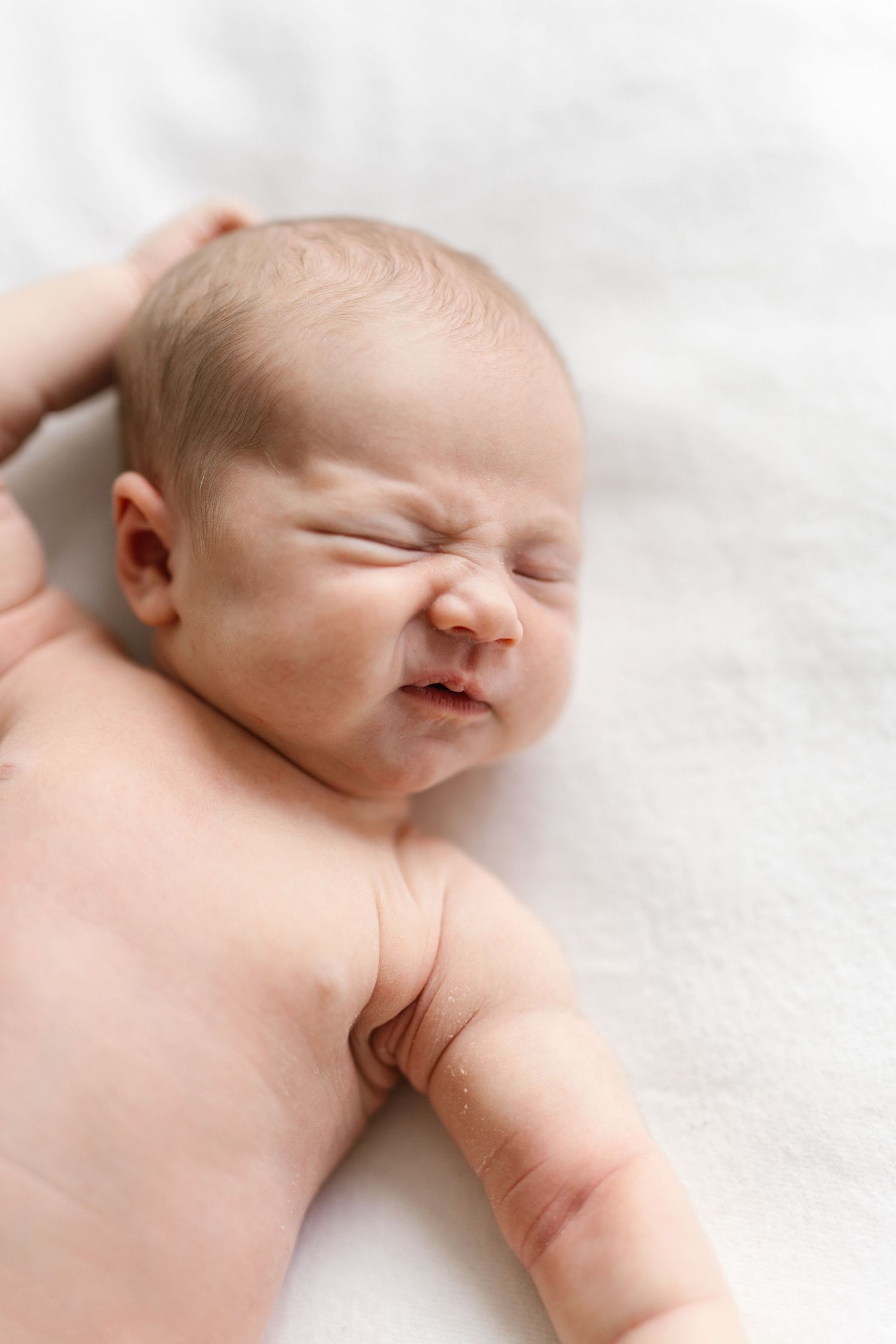Close-up portrait of sleeping newborn on white textured background.