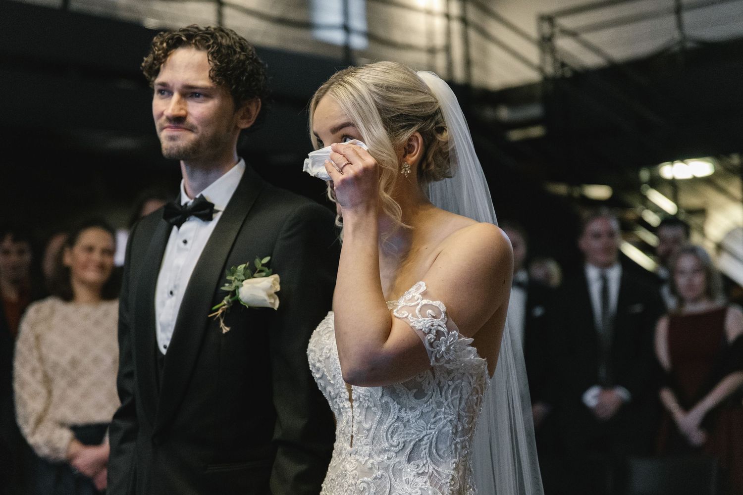 Elegant wedding party photos in formal attire at church venue.