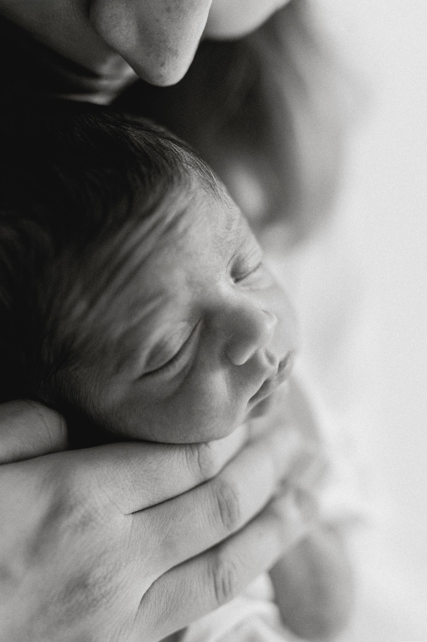 Black and white photo of a sleeping newborn baby cradled gently in a parent's hands, with a tender kiss on the head.