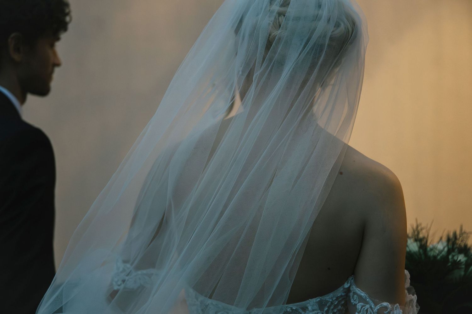 Silhouetted wedding portraits showing bride's veil in warm lighting.