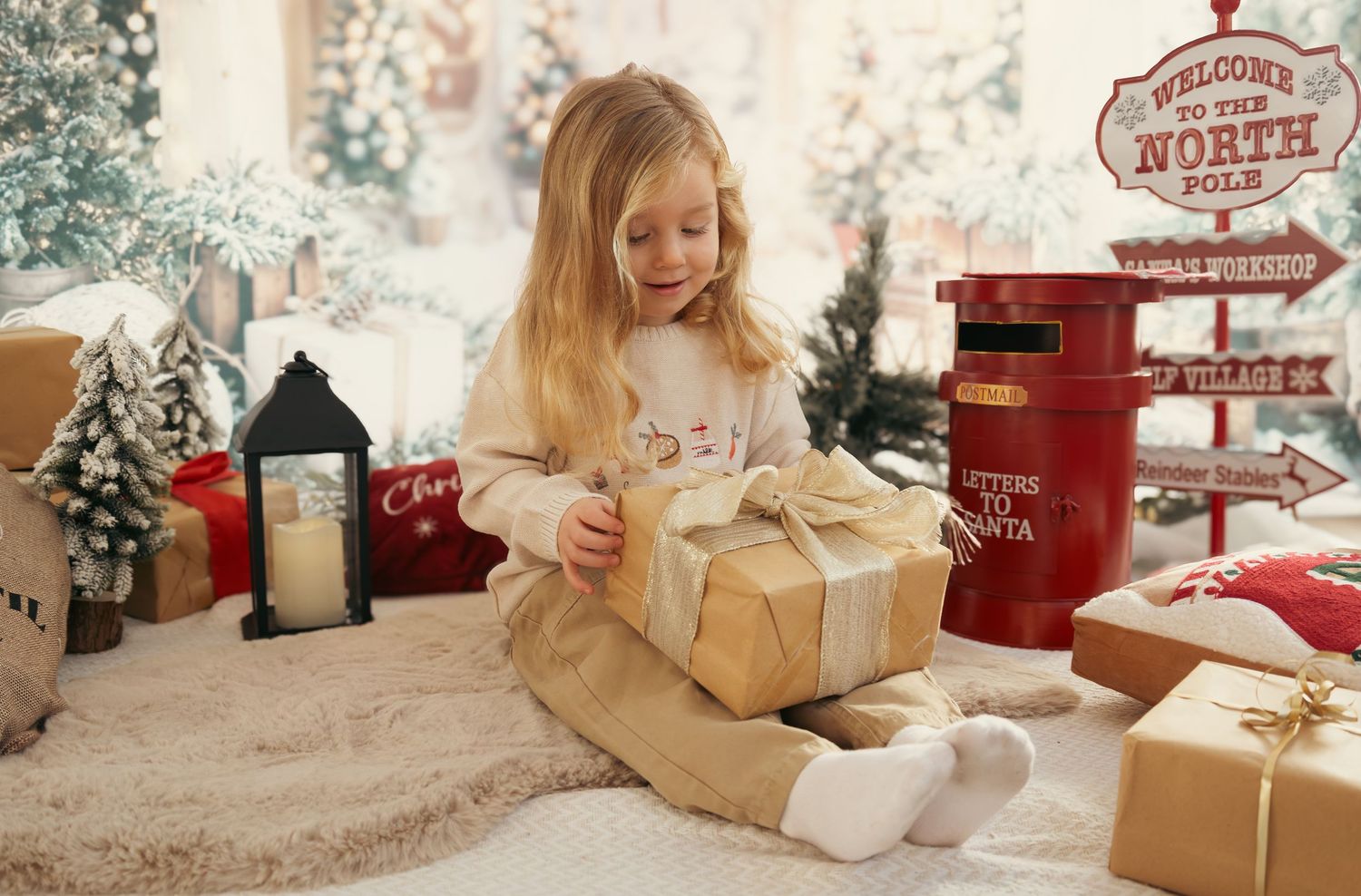 Festive Christmas scene with wrapped presents, decorative signs and holiday decor.