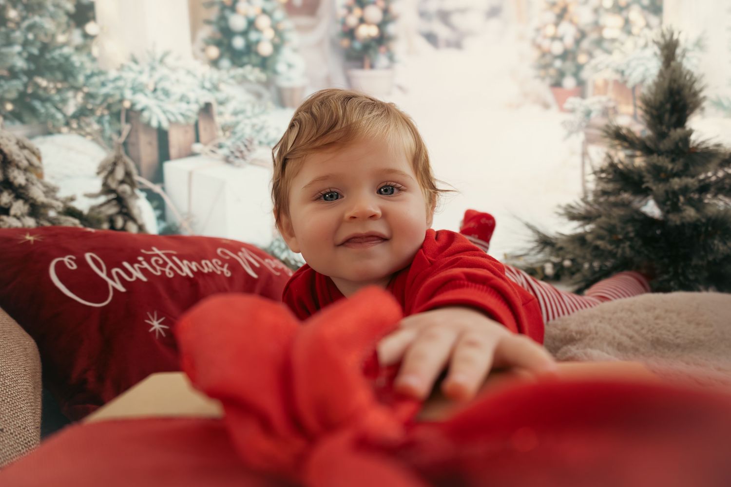Close-up holiday photo with red decorations and Christmas themed elements.