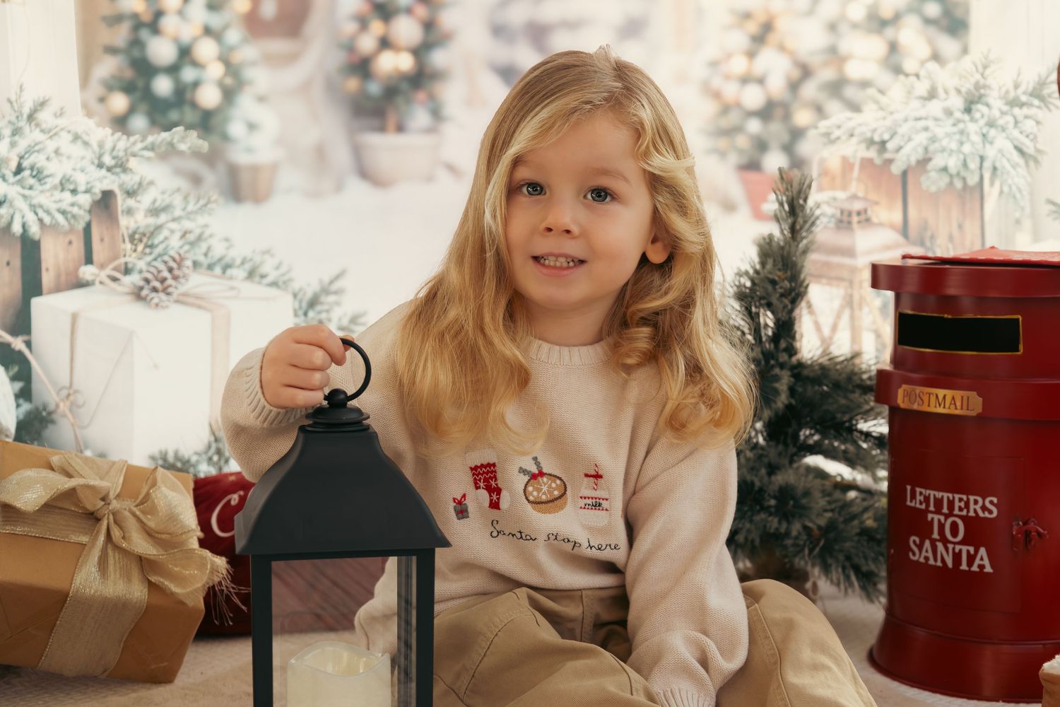 Warm holiday setting with Christmas decorations and vintage-style mailbox display.