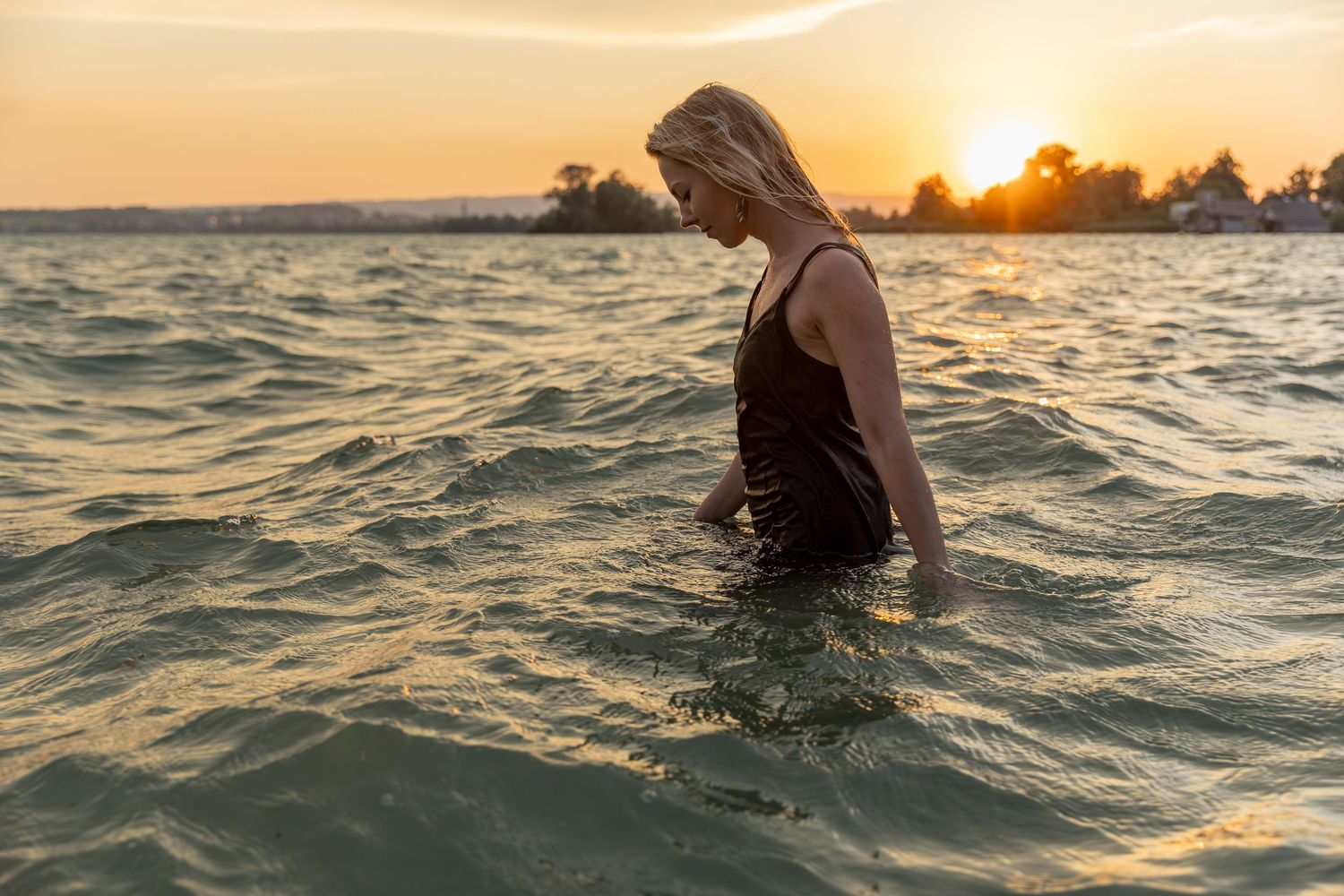 Elegance captured during the golden hour in the Zugersee during a lifestyle session