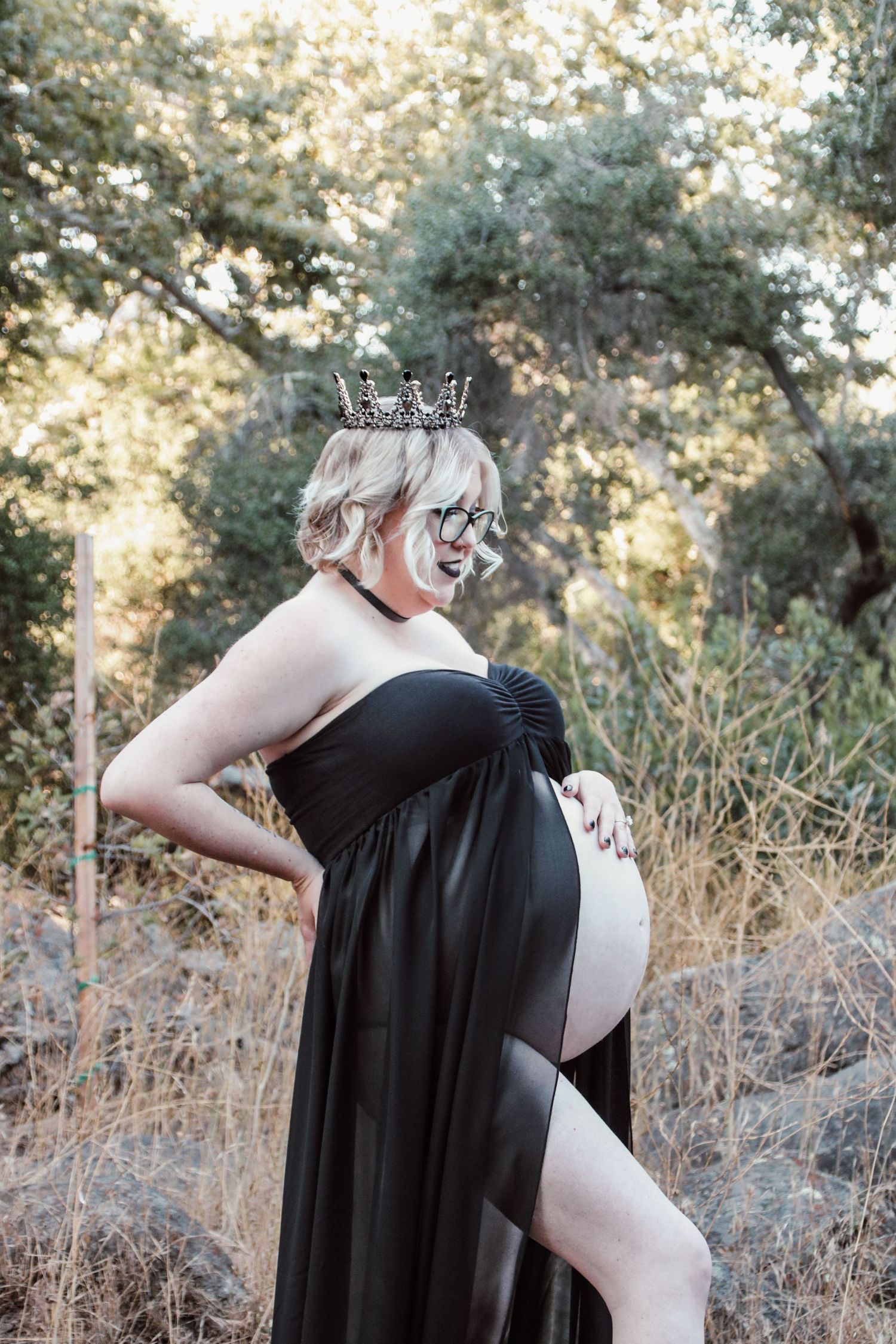 A series of artistic maternity photos in black dress against a nature backdrop at golden hour.