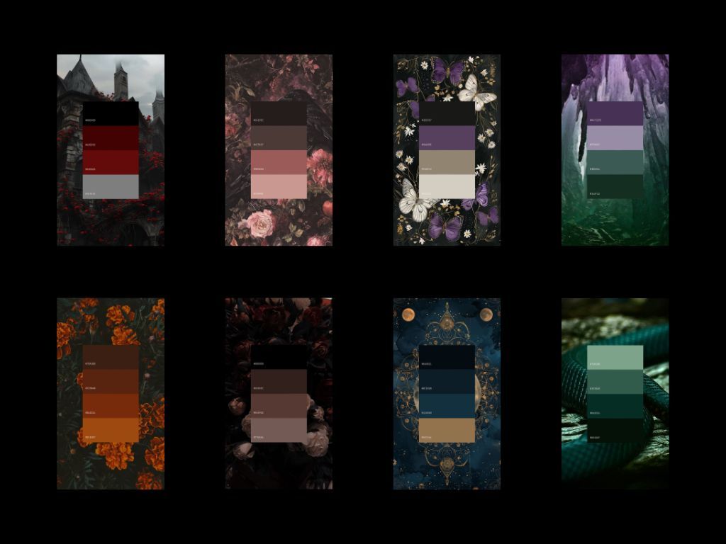 Eight dark floral color palette cards arranged in a grid, featuring moody jewel tones and earthy hues on botanical backgrounds.