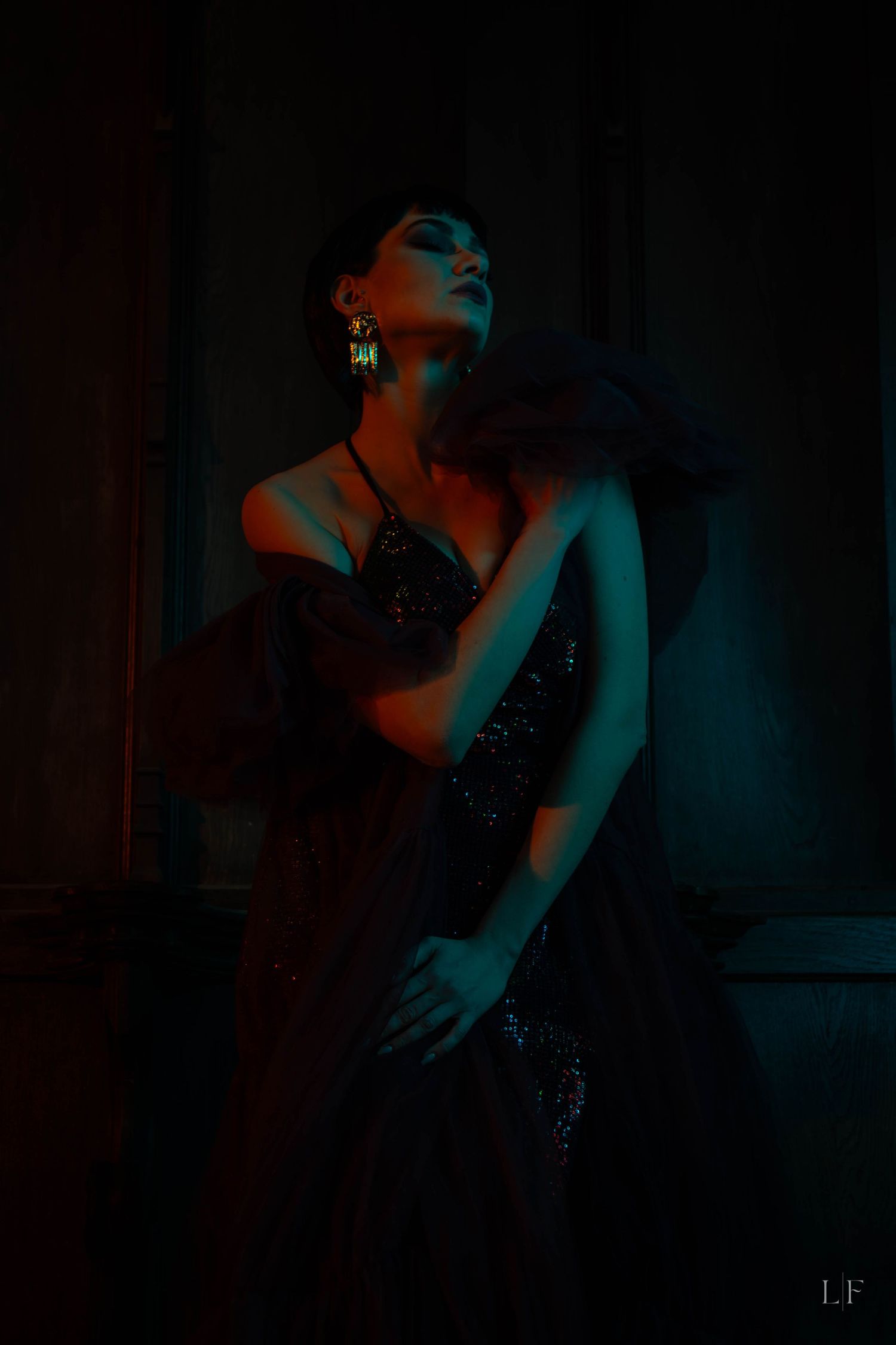 Moody portrait with dramatic lighting showing a person in a glittering dark dress against shadows.