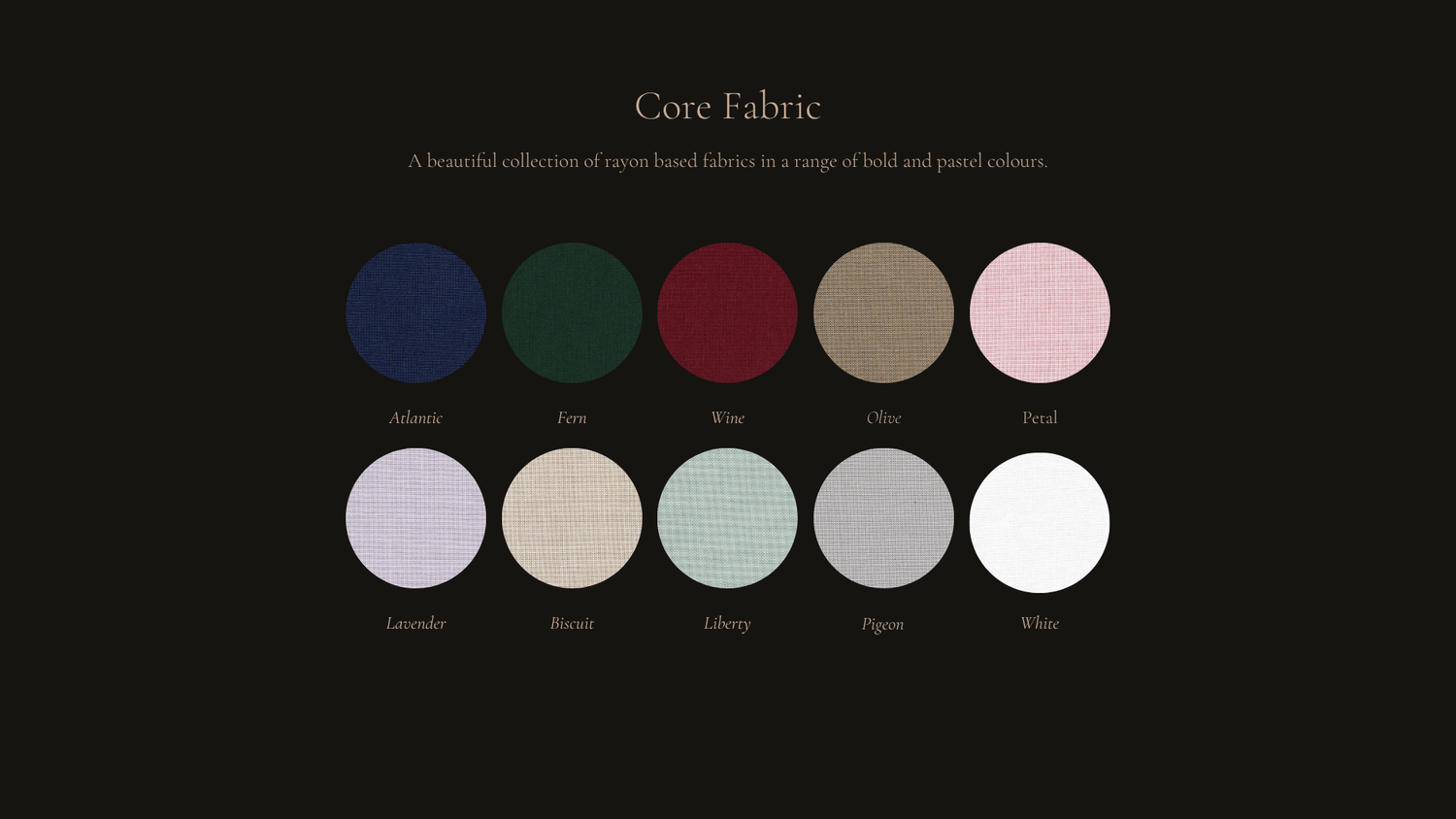 Color palette showing fabric swatches in blue, green, burgundy, tan, and pink arranged in circular shapes.
