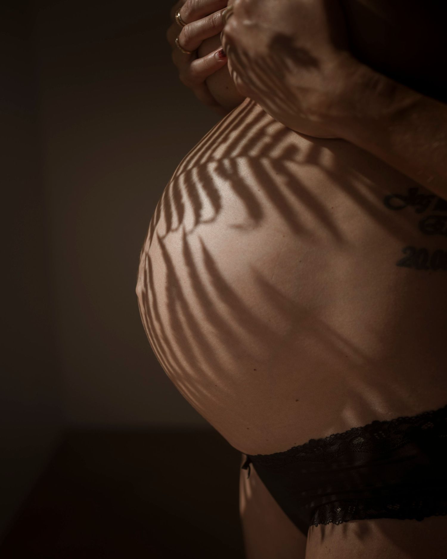 Artistic maternity photo showing pregnant belly with dramatic leaf shadow patterns in moody dark lighting.