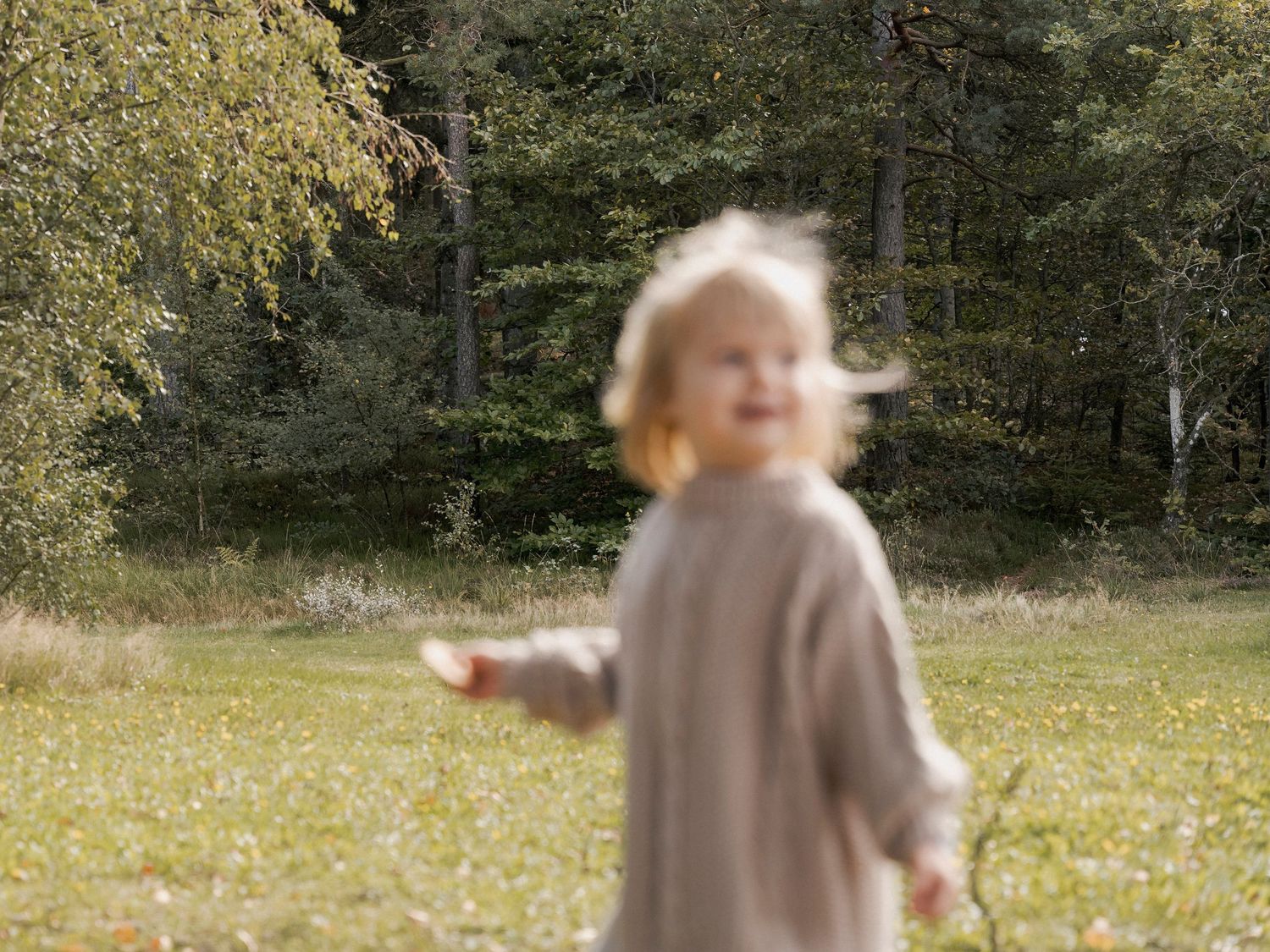 A young blonde toddler in a beige dress playing outdoors in a sunlit forest meadow.