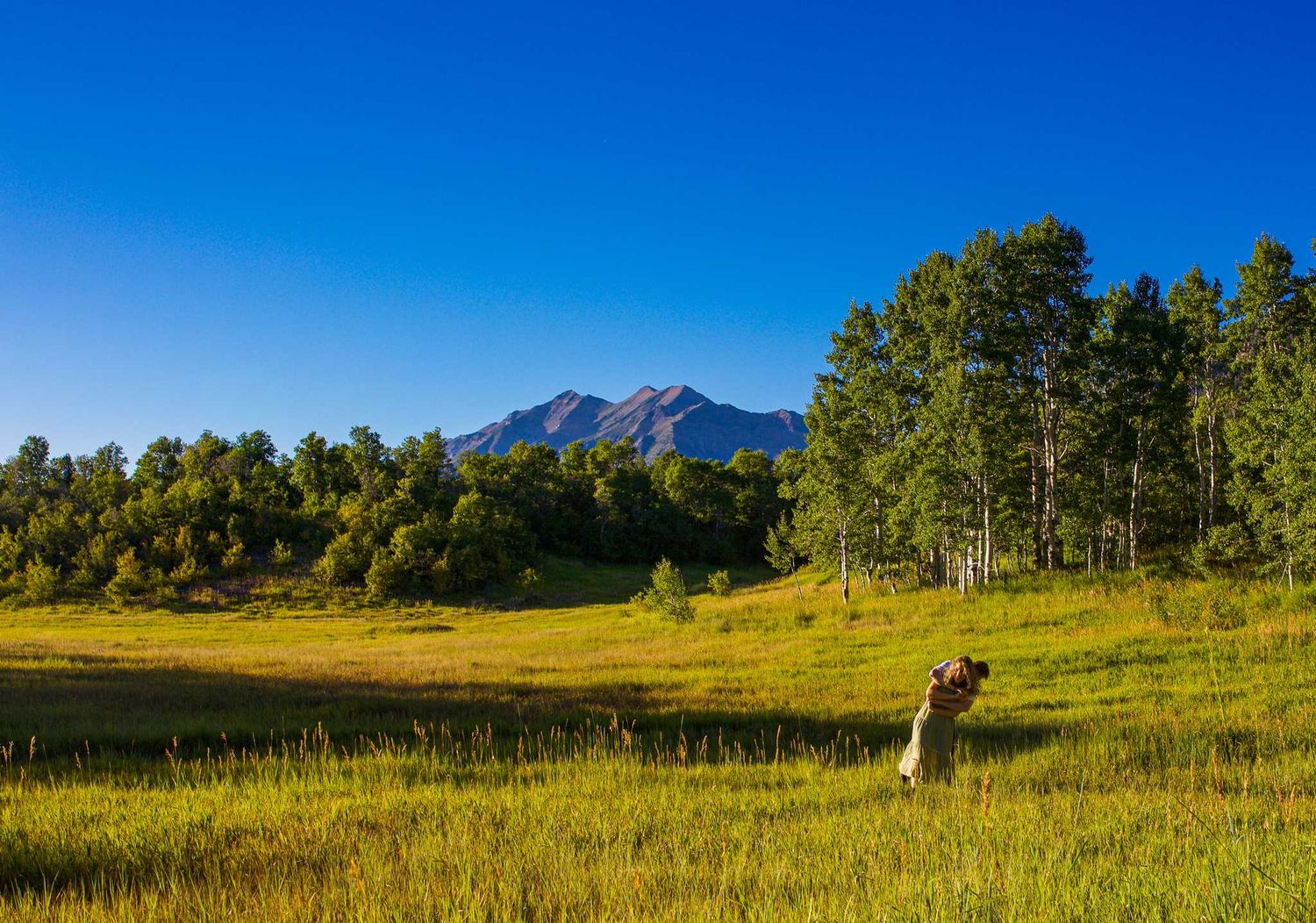 A romantic scene unfolds in a mountain meadow with aspen trees and dramatic peaks in the background.