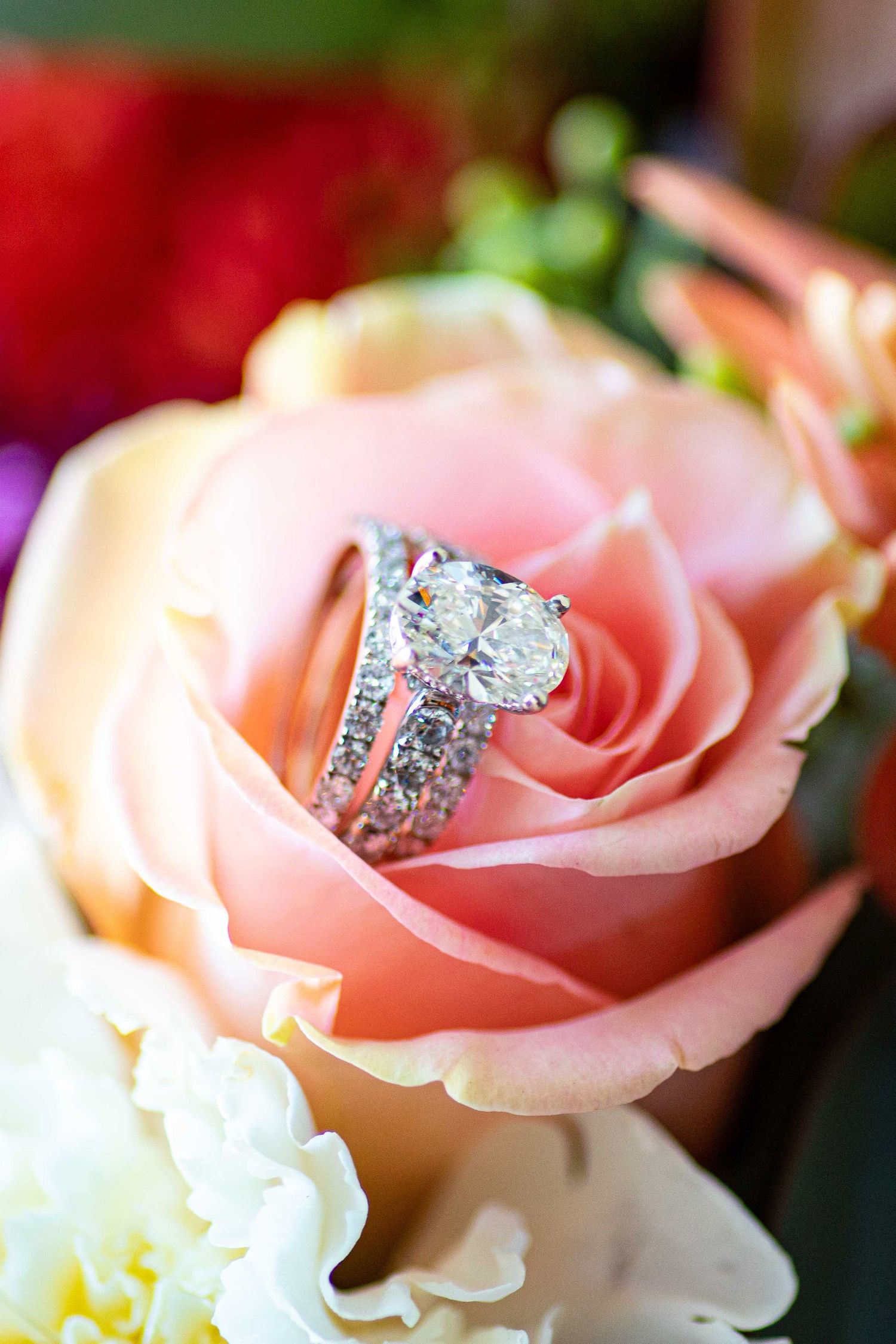 Sparkling diamond engagement ring nestled in a pink rose with soft bokeh background.