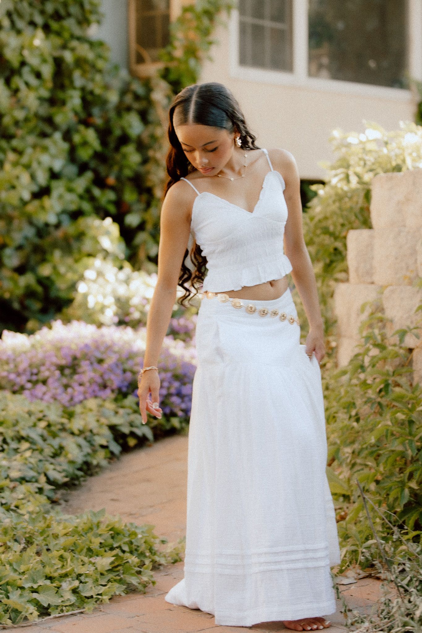 A series of photos showing a white dress against a garden background in Salt Lake City with soft, natural lighting and foliage.