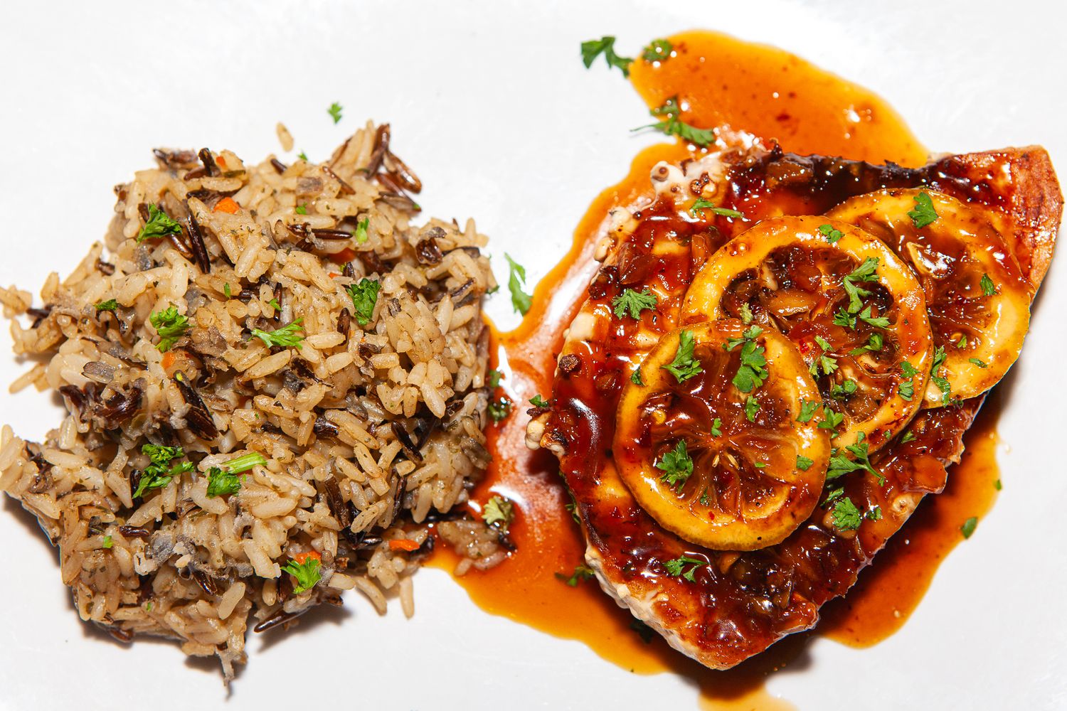 Studio photo of swordfish and rice