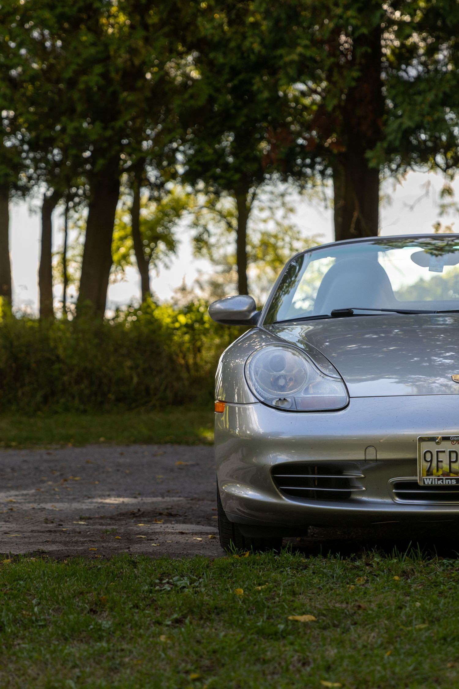 Four views of a sleek silver Porsche supercar parked on grass with trees in the background.