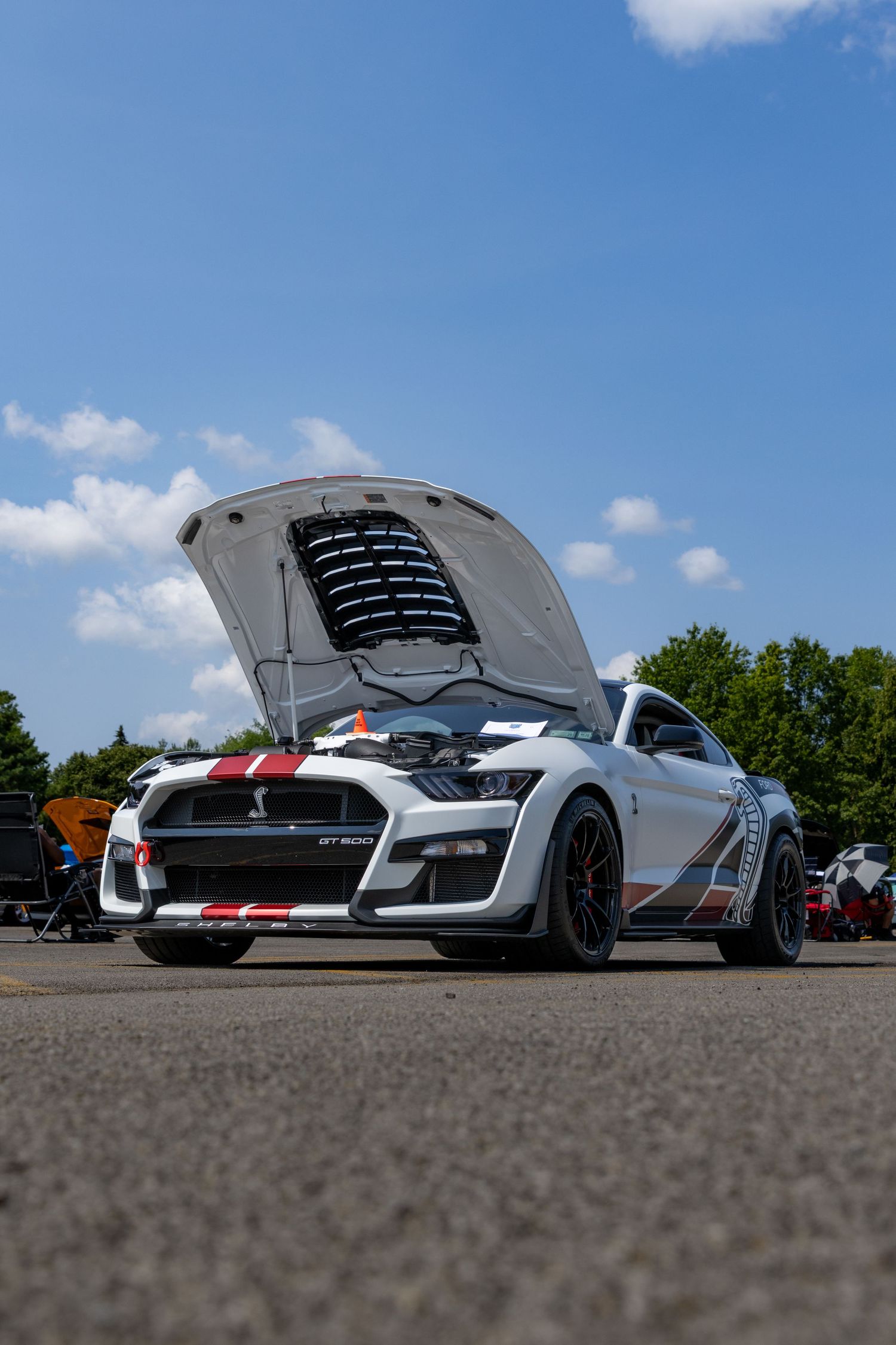 White sports car with racing stripes and raised hood shown at low angle against blue sky.