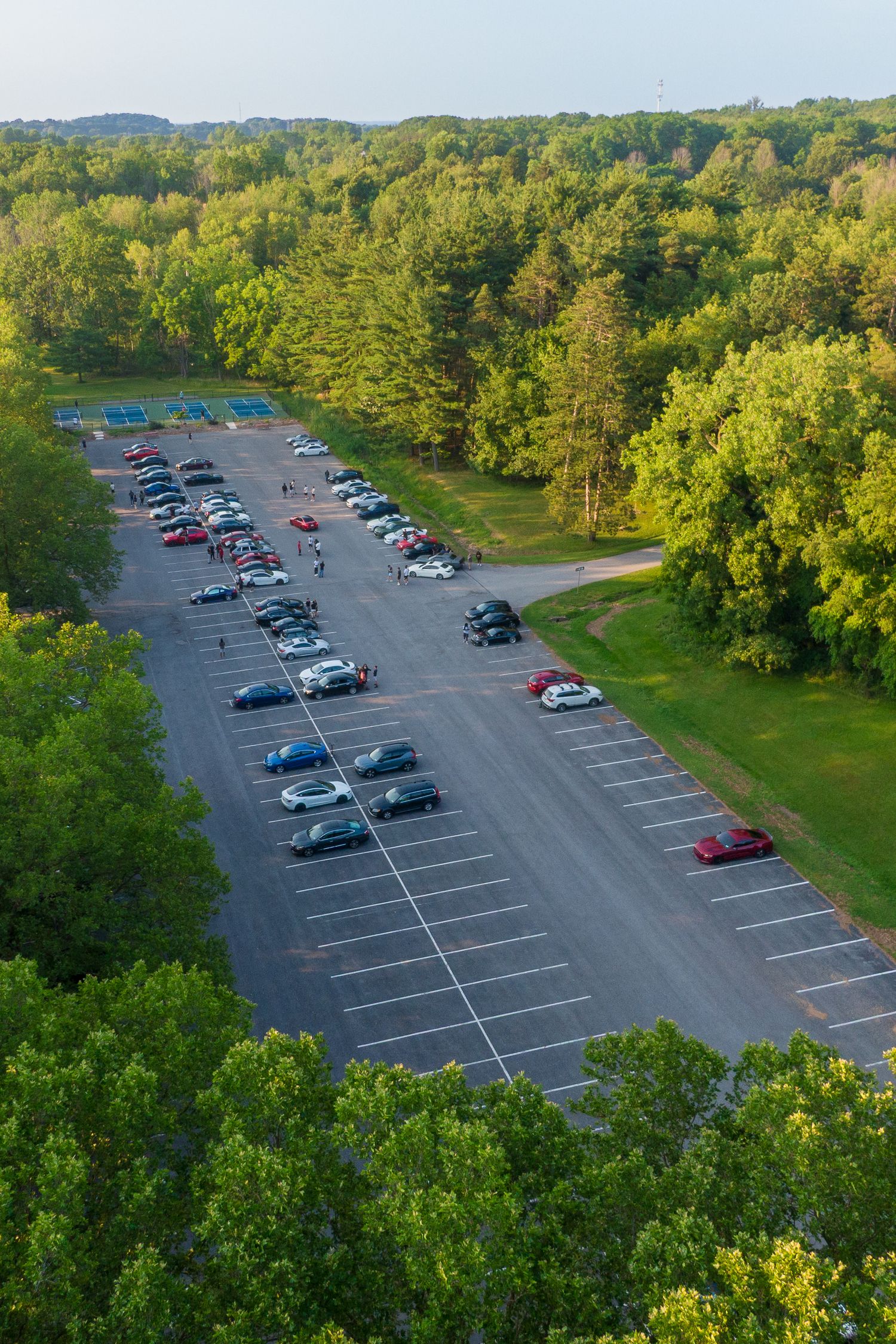 Aerial view of cars parked in a lot surrounded by lush green forest.