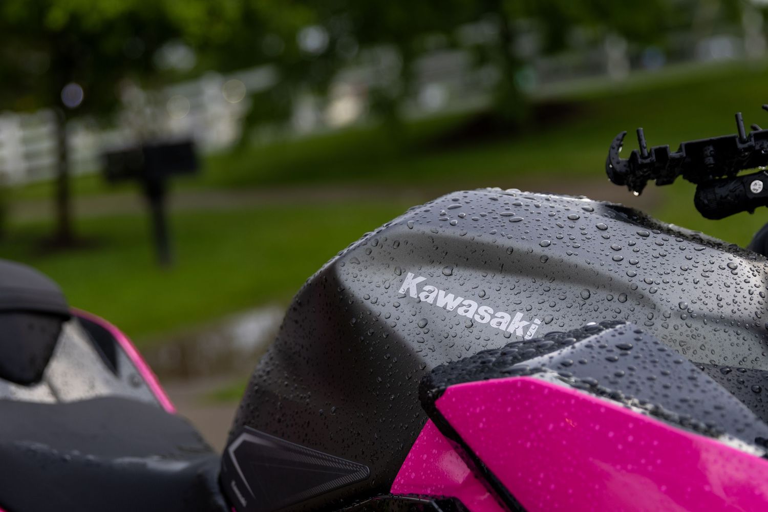 Pink and black sports motorcycle covered in raindrops against lush green background.