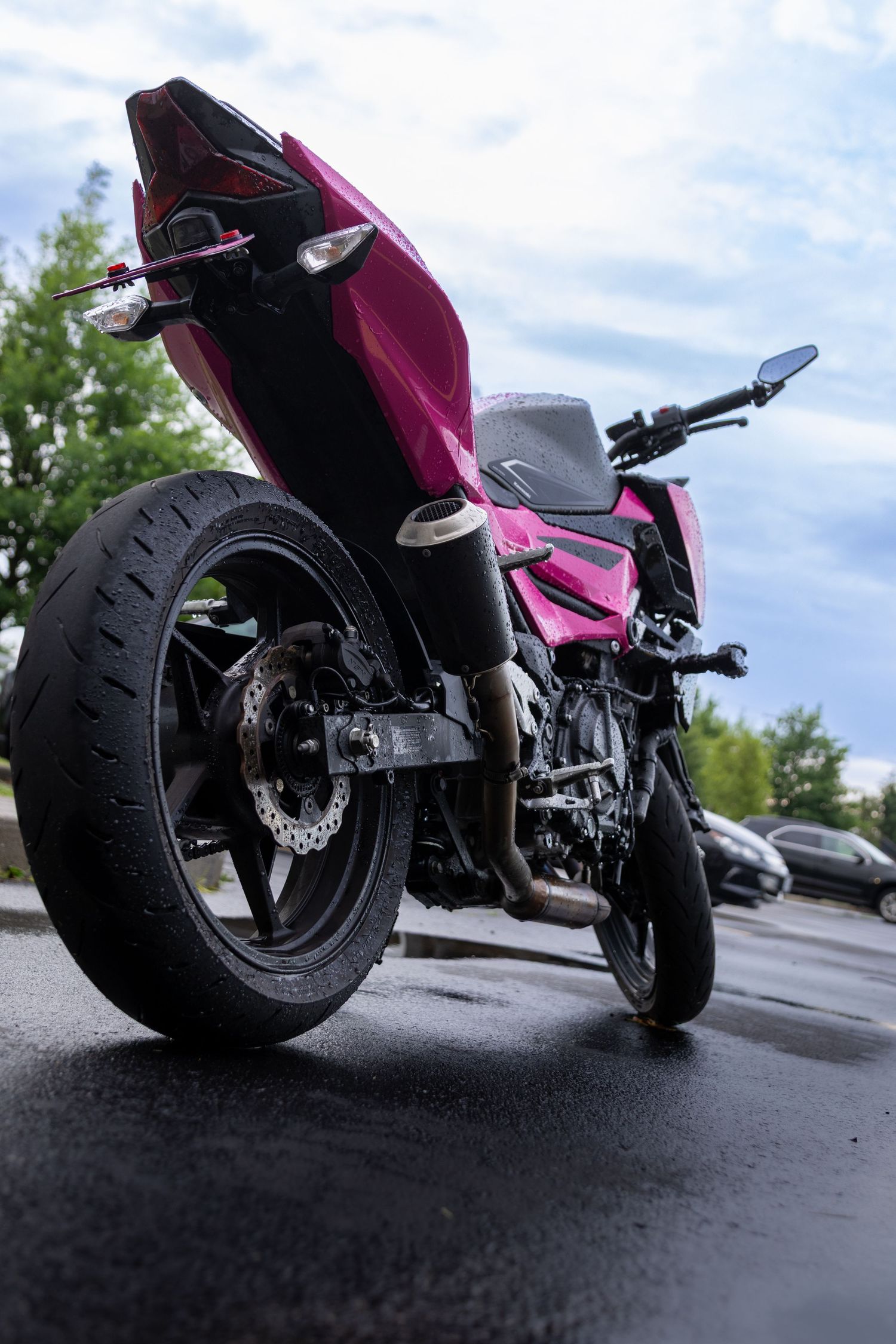 Low-angle shot of pink motorcycle tires on wet pavement.