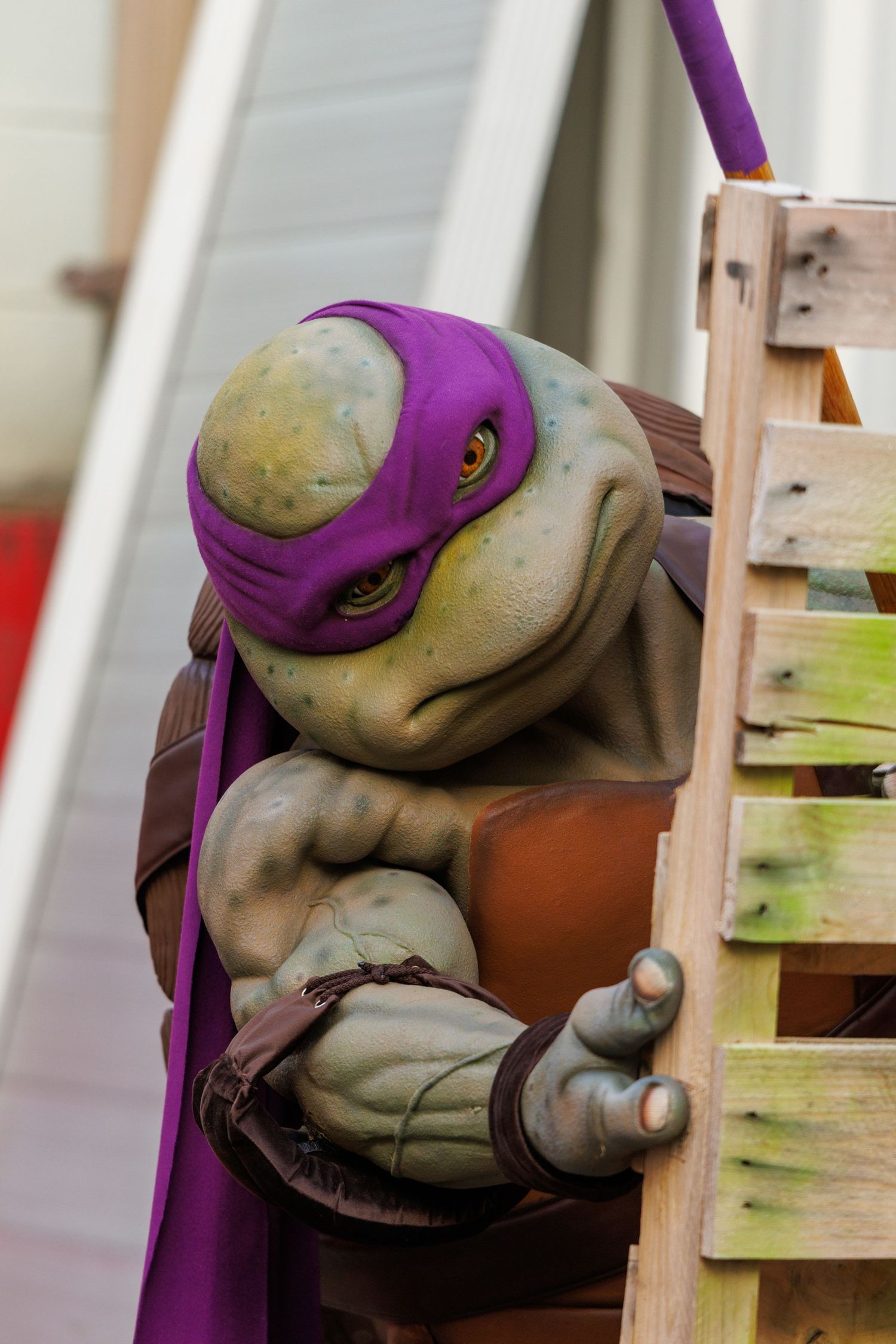 Life-size Donatello Teenage Mutant Ninja Turtle character in a purple mask and brown straps leaning against a weathered wooden pallet fence.