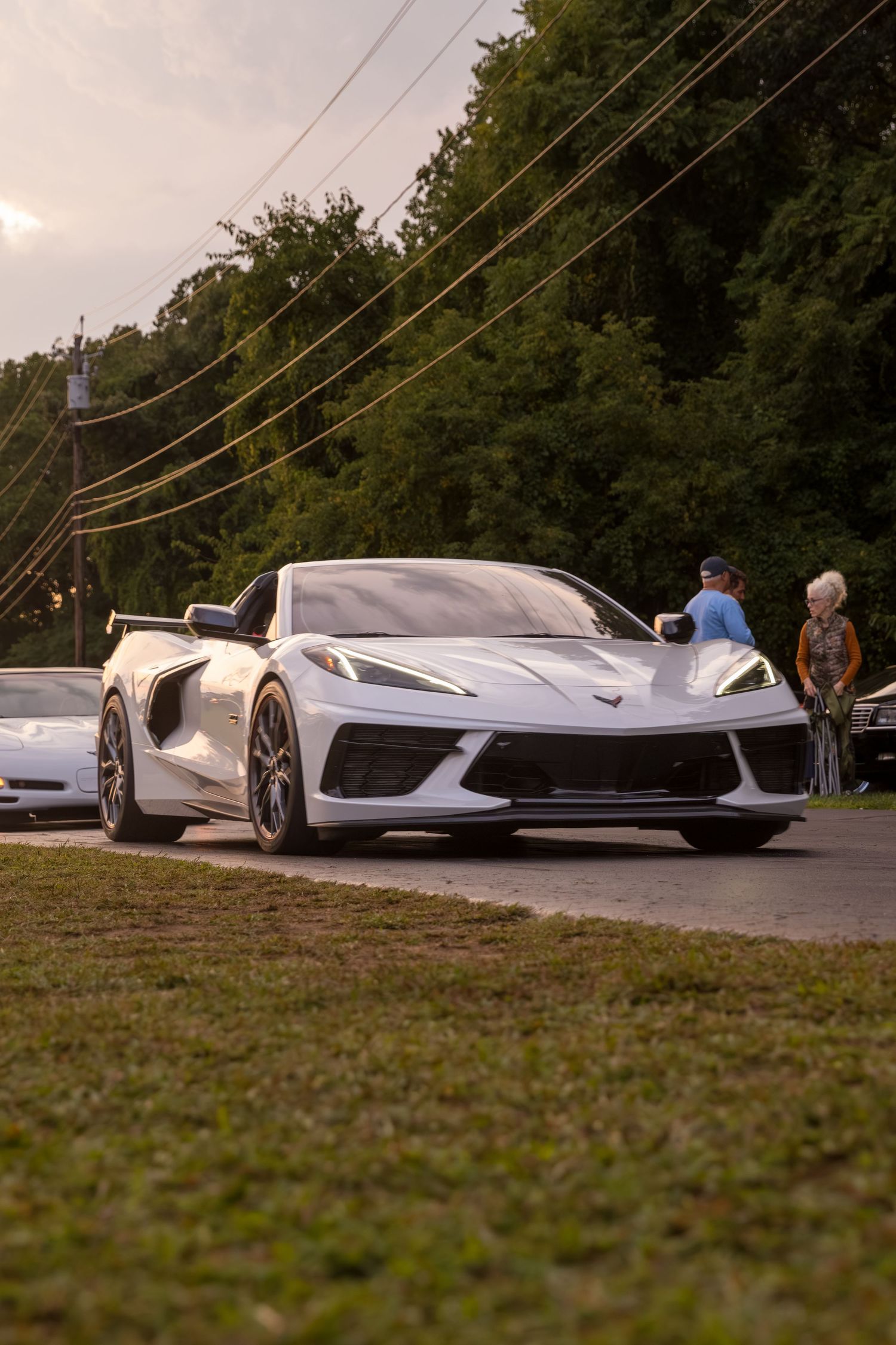 A line of white Chevrolet Corvettes parked on grass at dusk showcasing their sleek sports car profiles.
