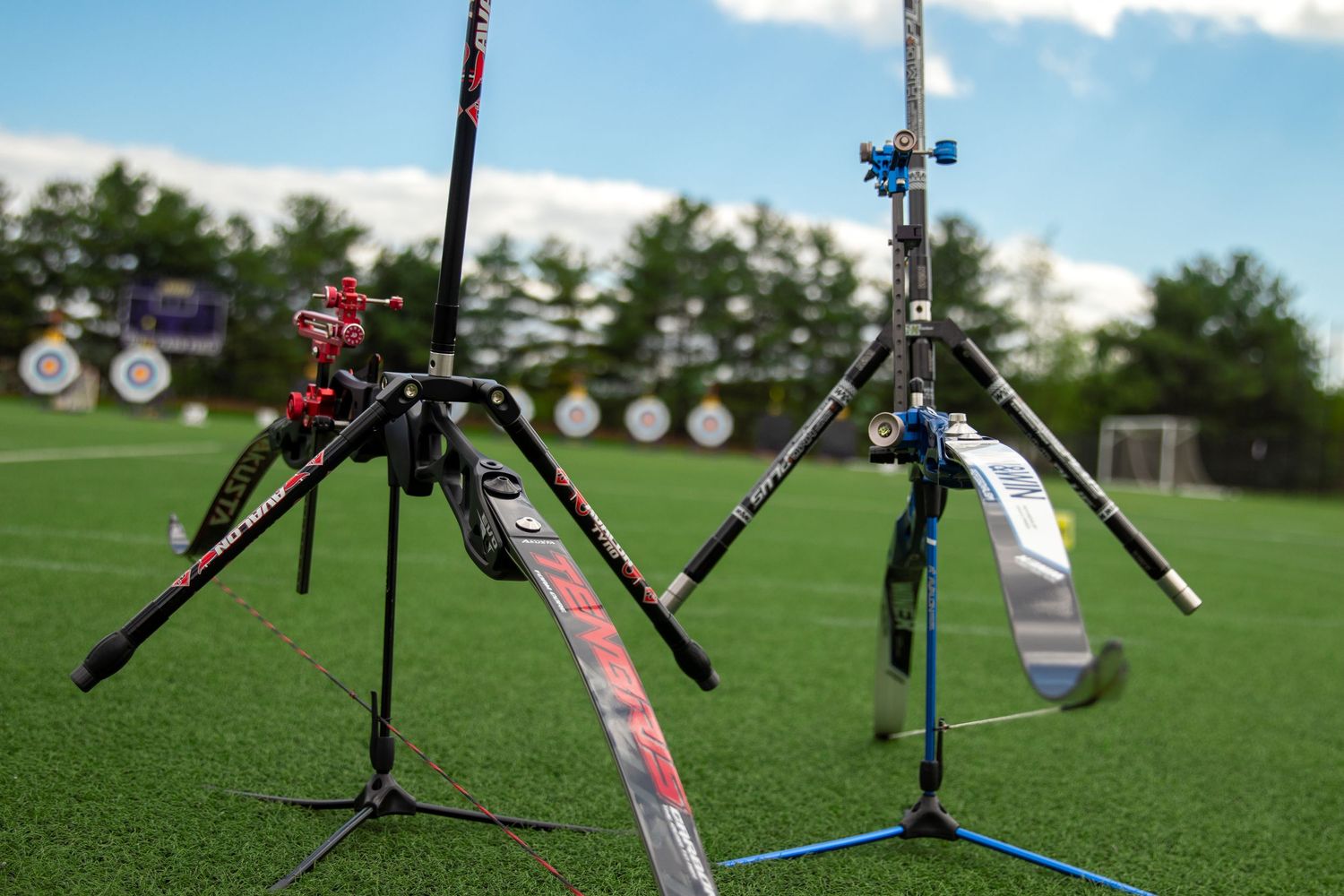 Red and blue archery bows mounted on stands against green field and blue sky.
