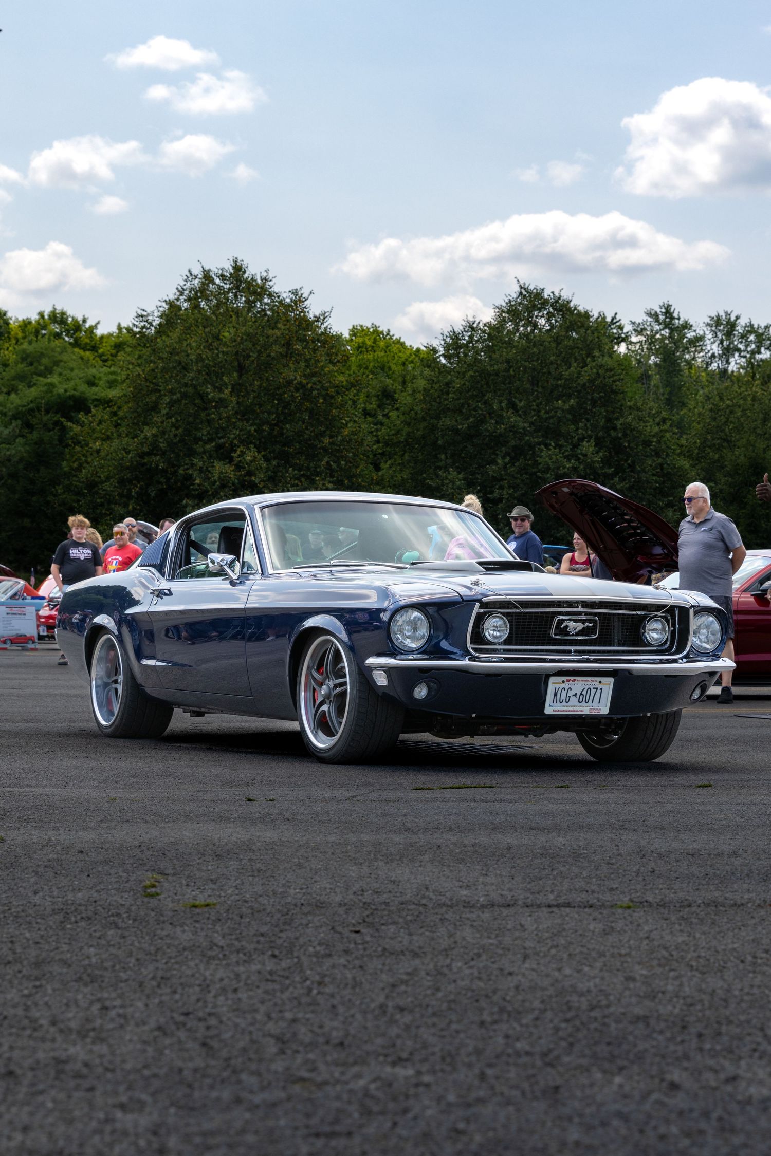Multiple vintage Ford Mustangs lined up at a car show with green trees in the background.