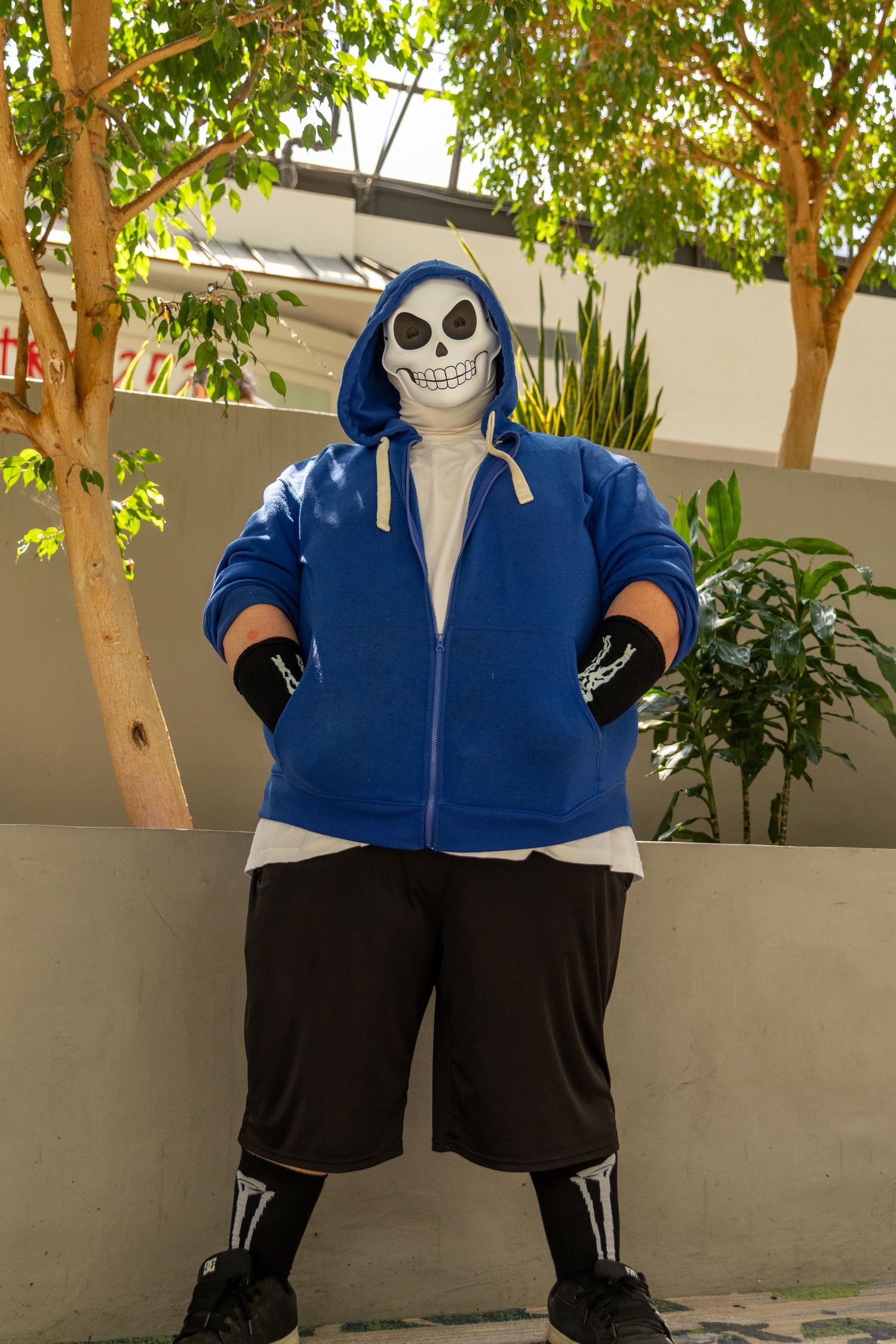 Someone wearing a skull mask and blue hoodie stands against a wall with greenery overhead.