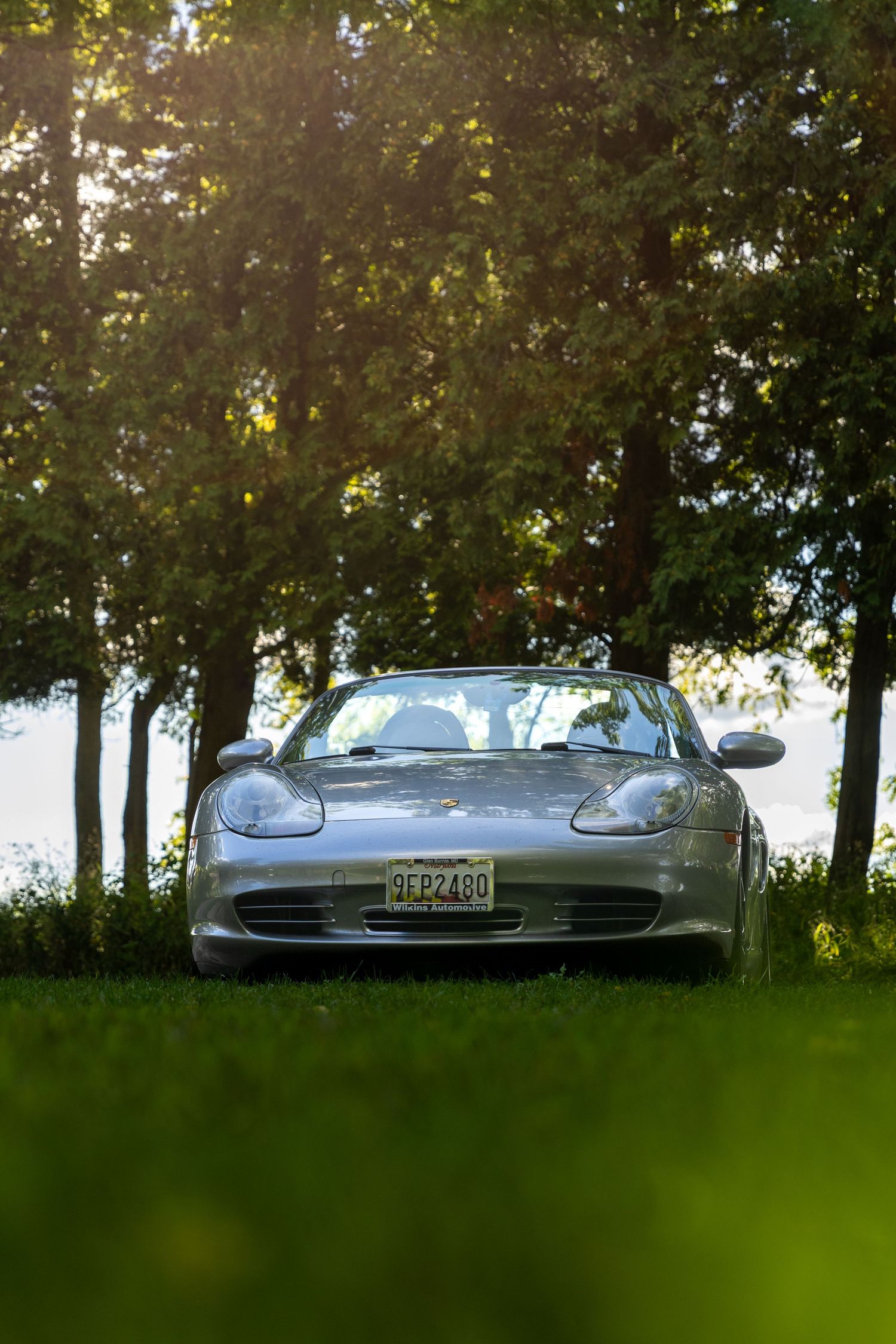 Two luxury sports cars sit parked in front of trees during late afternoon creating a scenic silhouette effect.