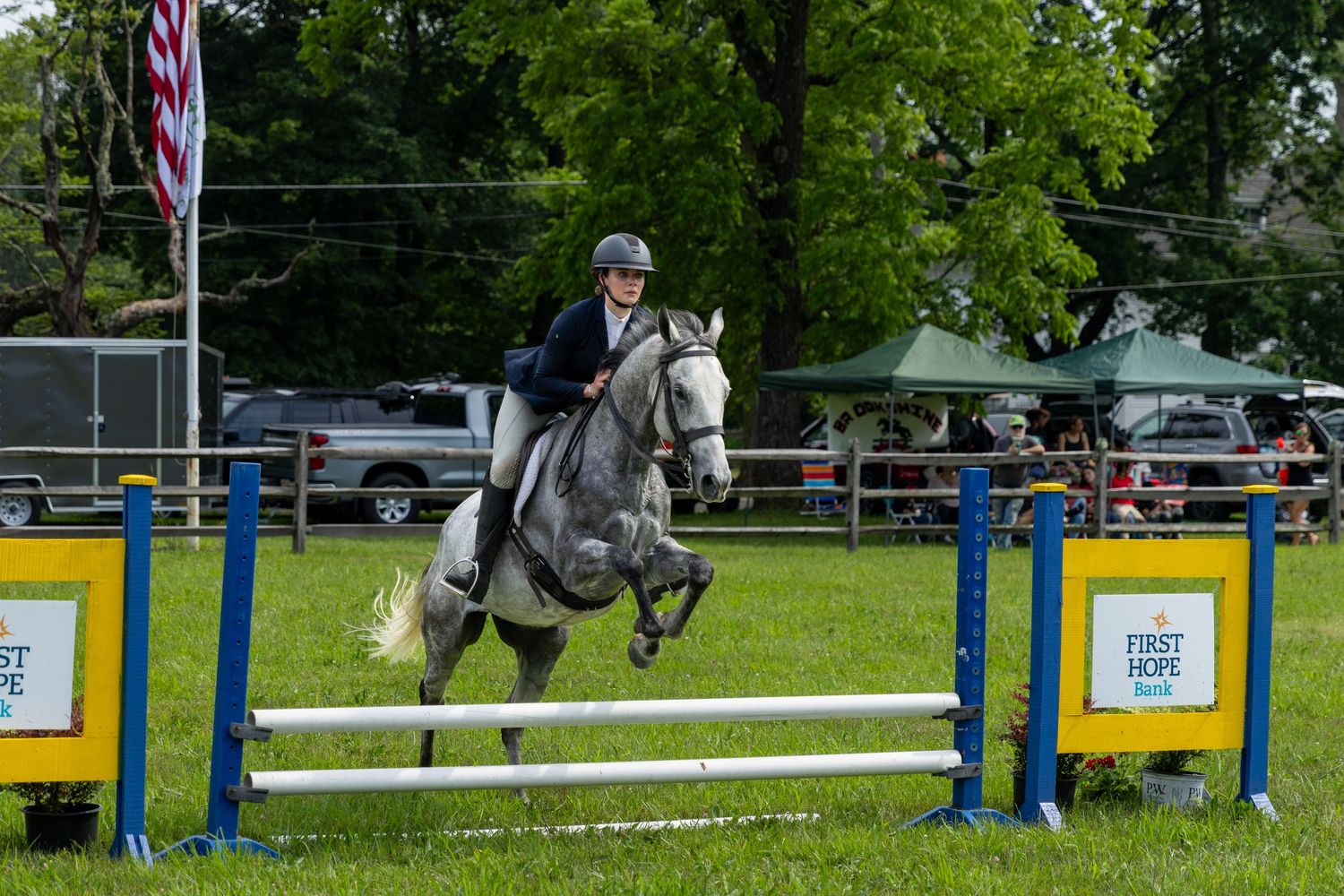 A horse and rider jump over blue and yellow poles during a show jumping competition.
