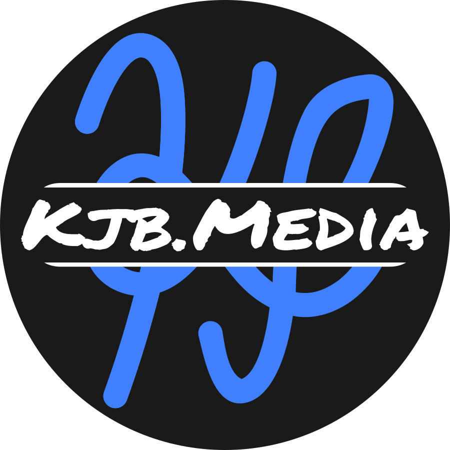 Black circular logo design for KJB Media with blue accents.