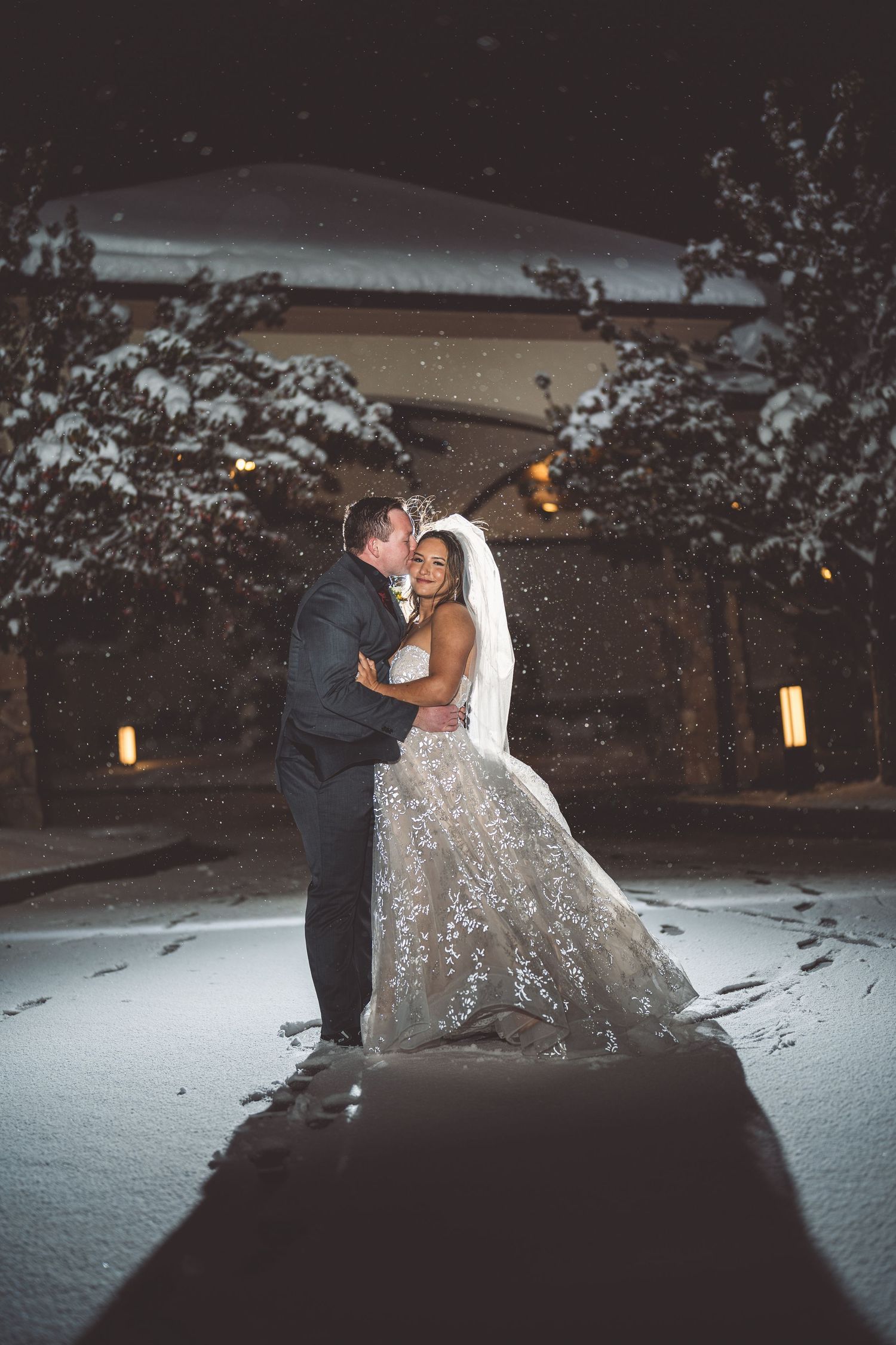 A romantic winter wedding moment captured against a snowy landscape with ambient lighting.
