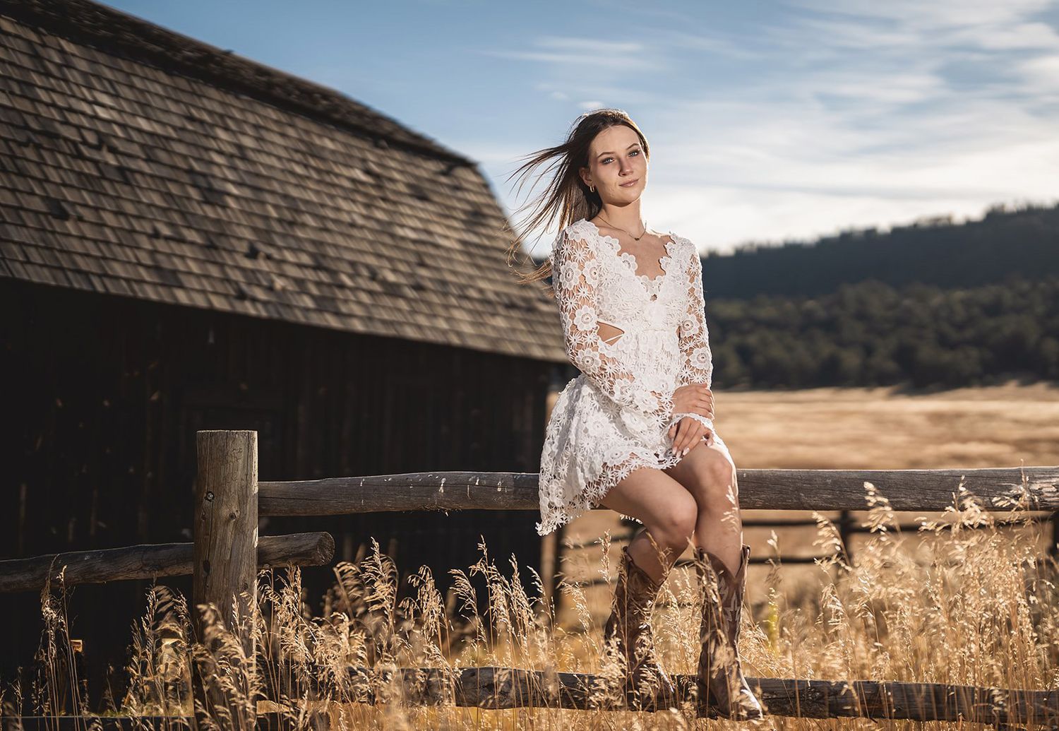 A panoramic field portrait with wooden barn structures and mountains in background.