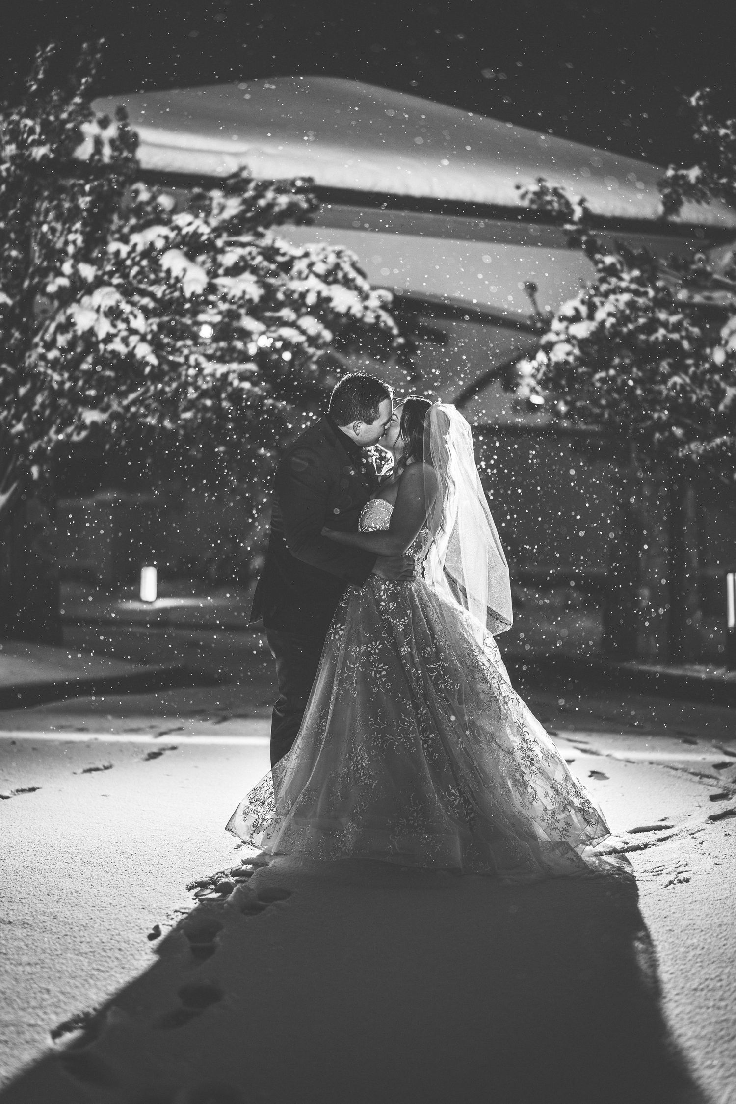 A sparkling wedding gown photographed in snow at night, creating a magical winter scene.