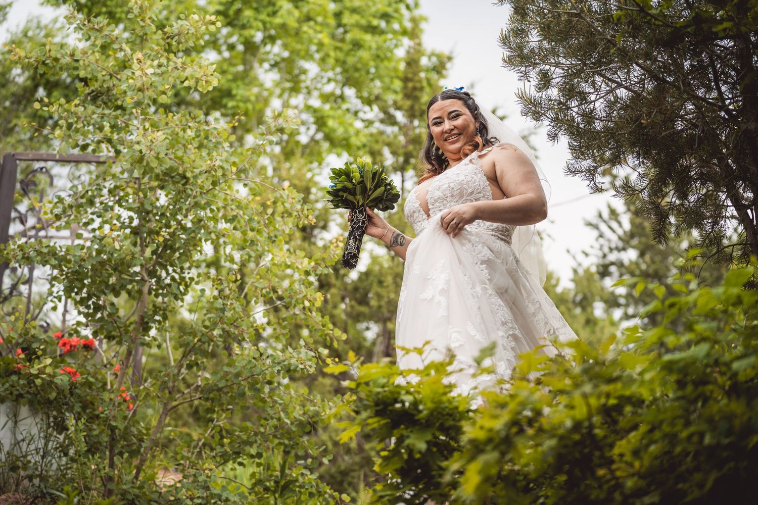 Panoramic wedding photo series against a backdrop of green trees and natural mountain scenery.