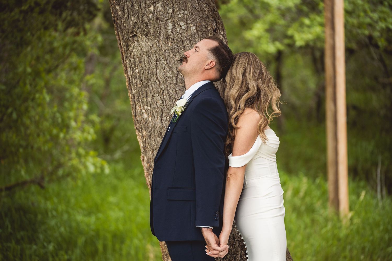 Bride and groom share romantic kisses against trees in a lush green outdoor wedding photo sequence.