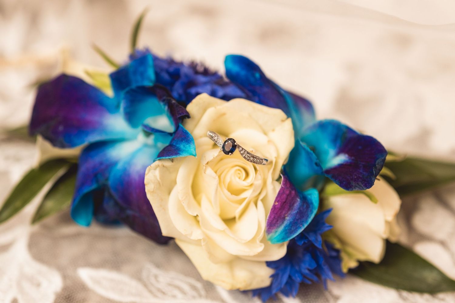 Blue orchids and cream roses create an elegant floral arrangement against a light background.