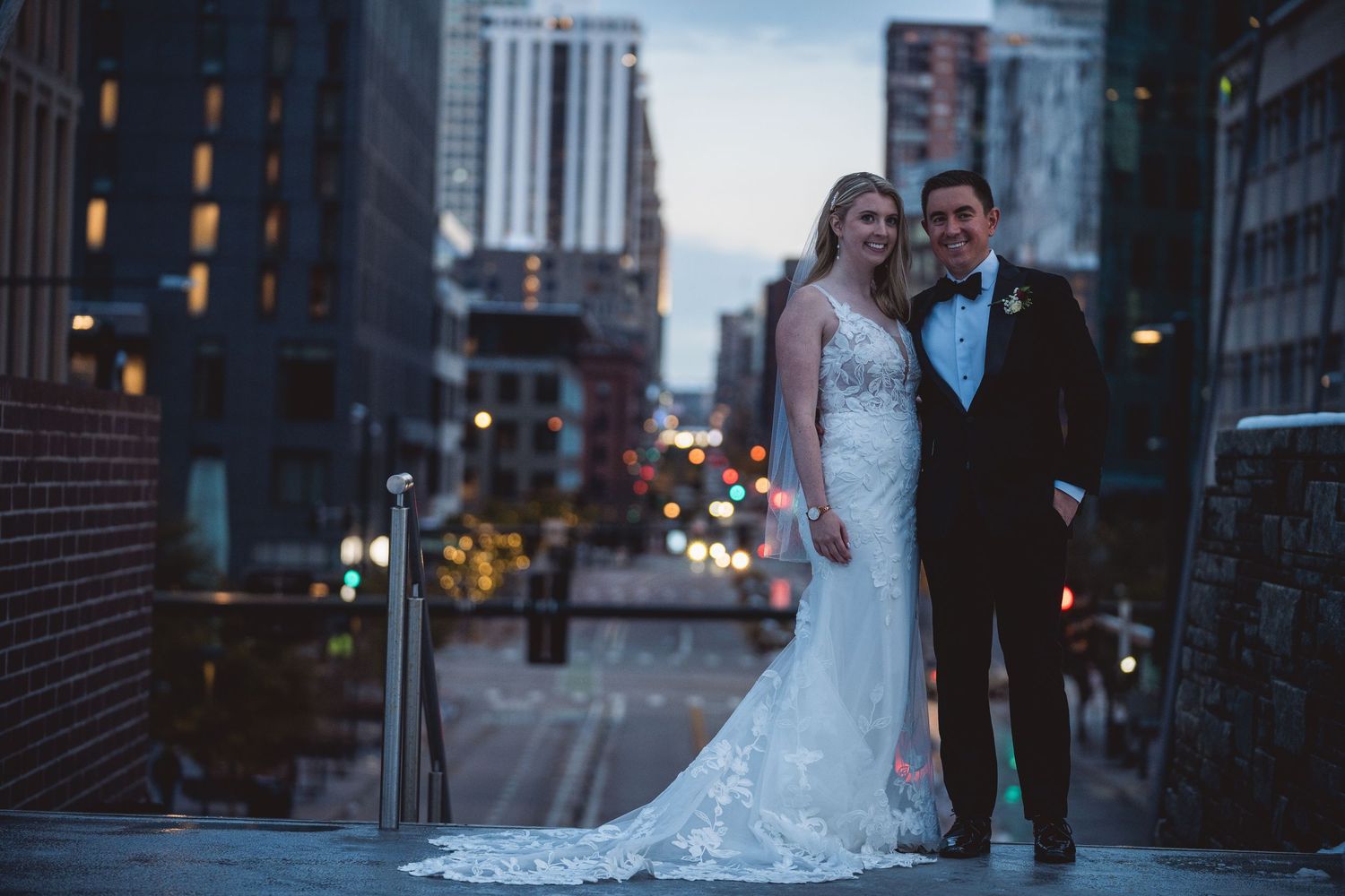 Urban cityscape at dusk with streets and buildings creating a romantic backdrop.