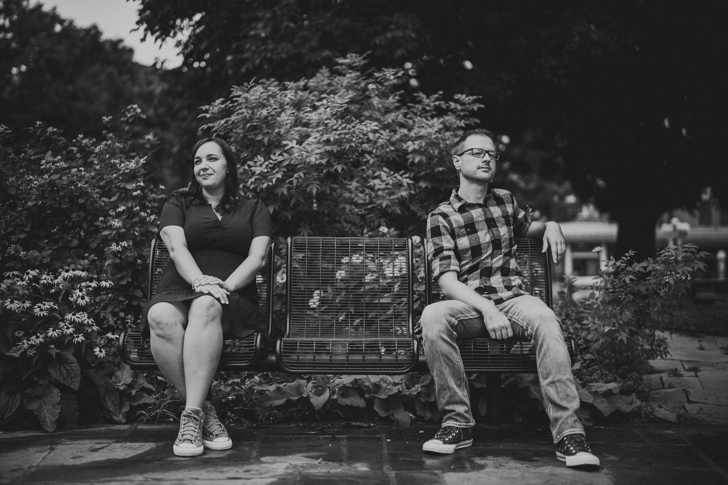 Black and white series of candid moments in garden setting.