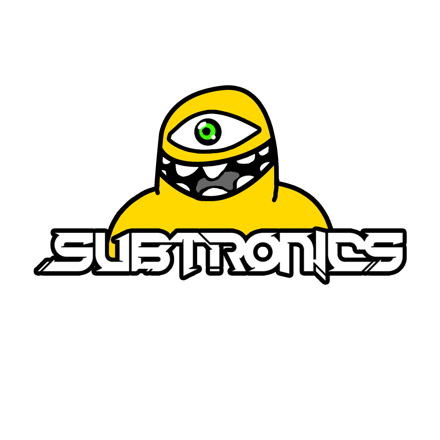 Animated yellow characters with green eyes forming a Subtronics brand logo.