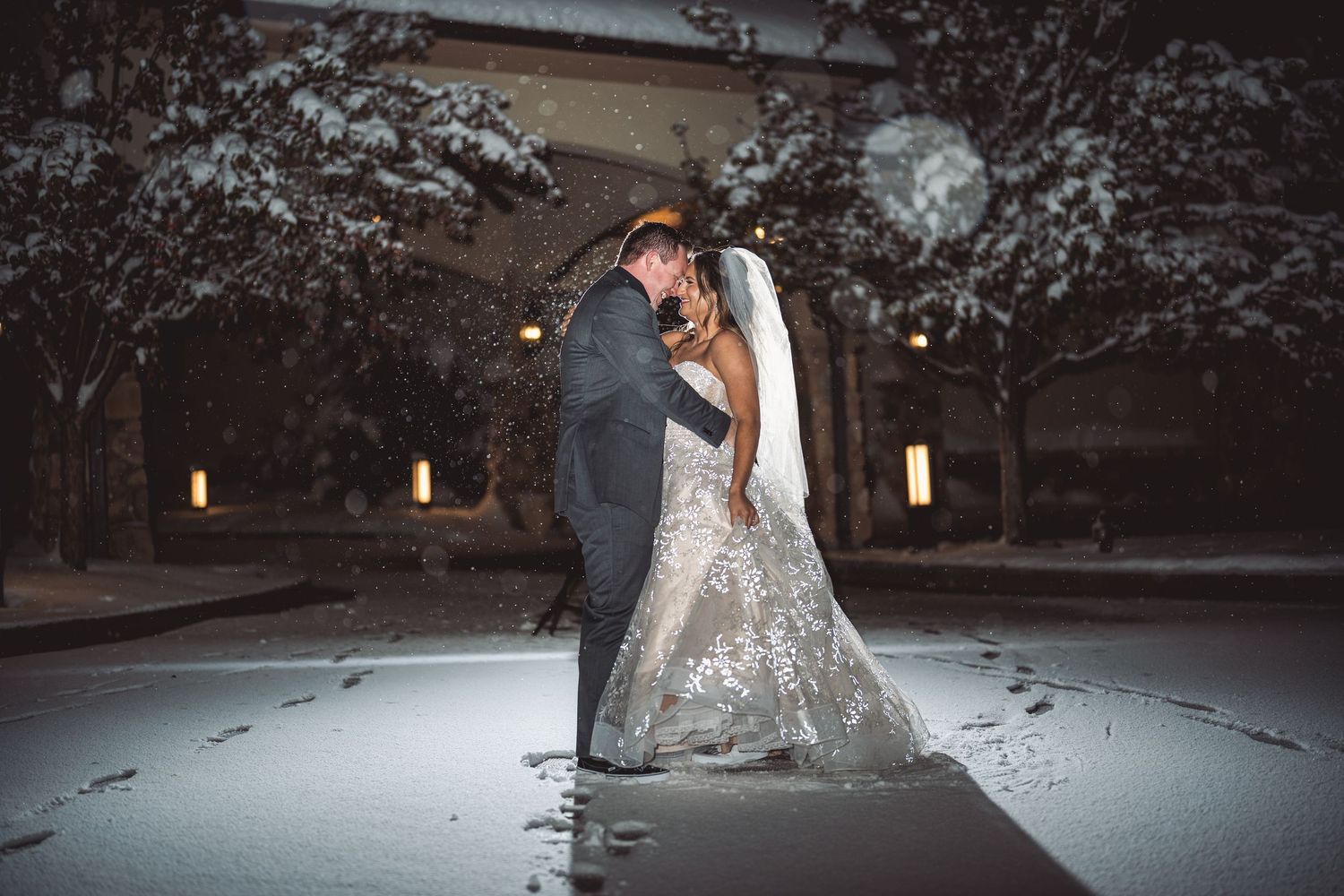 A glittering wedding dress creates a dramatic silhouette against fresh snow.