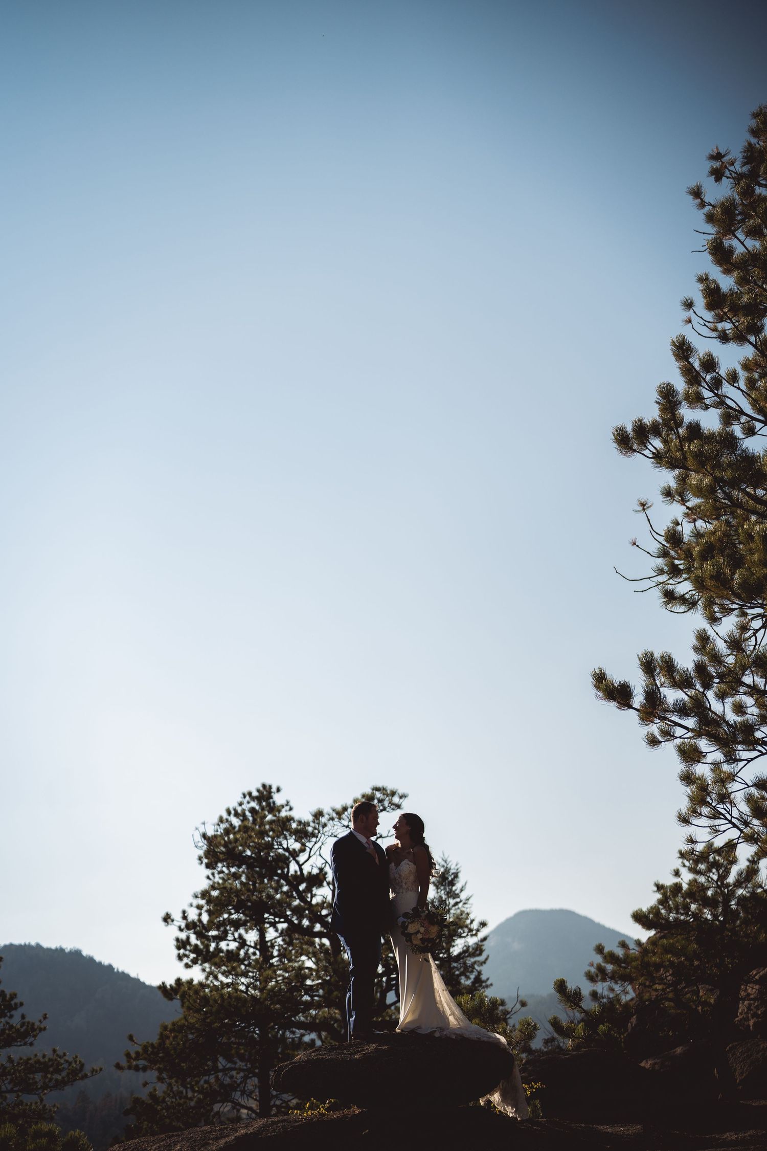 Silhouetted couple against blue sky with mountain peaks and pine trees.